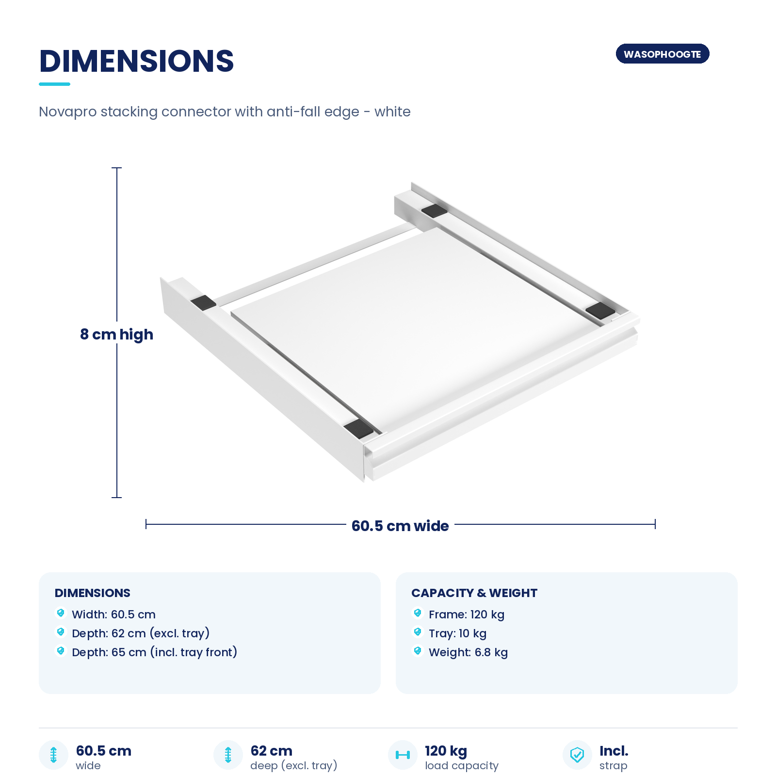 Afmetingen van witte Novapro stapelconnector: 60,5 cm breed, 8 cm hoog, met capaciteitsdetails.