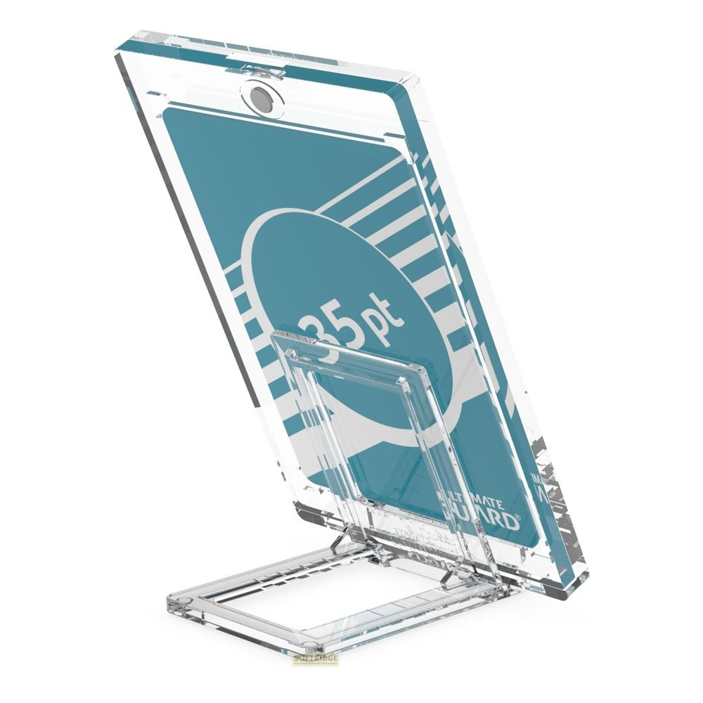 Un porte-carte en acrylique transparent avec support intégré et une carte bleue affichant le texte 35 pt.