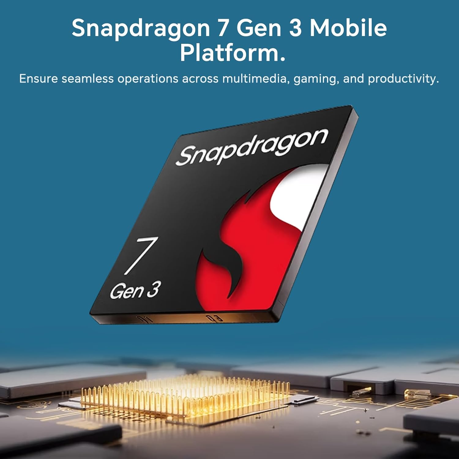 Snapdragon 7 Gen 3 Mobilplattform-Chip über einer Platine mit Pins.