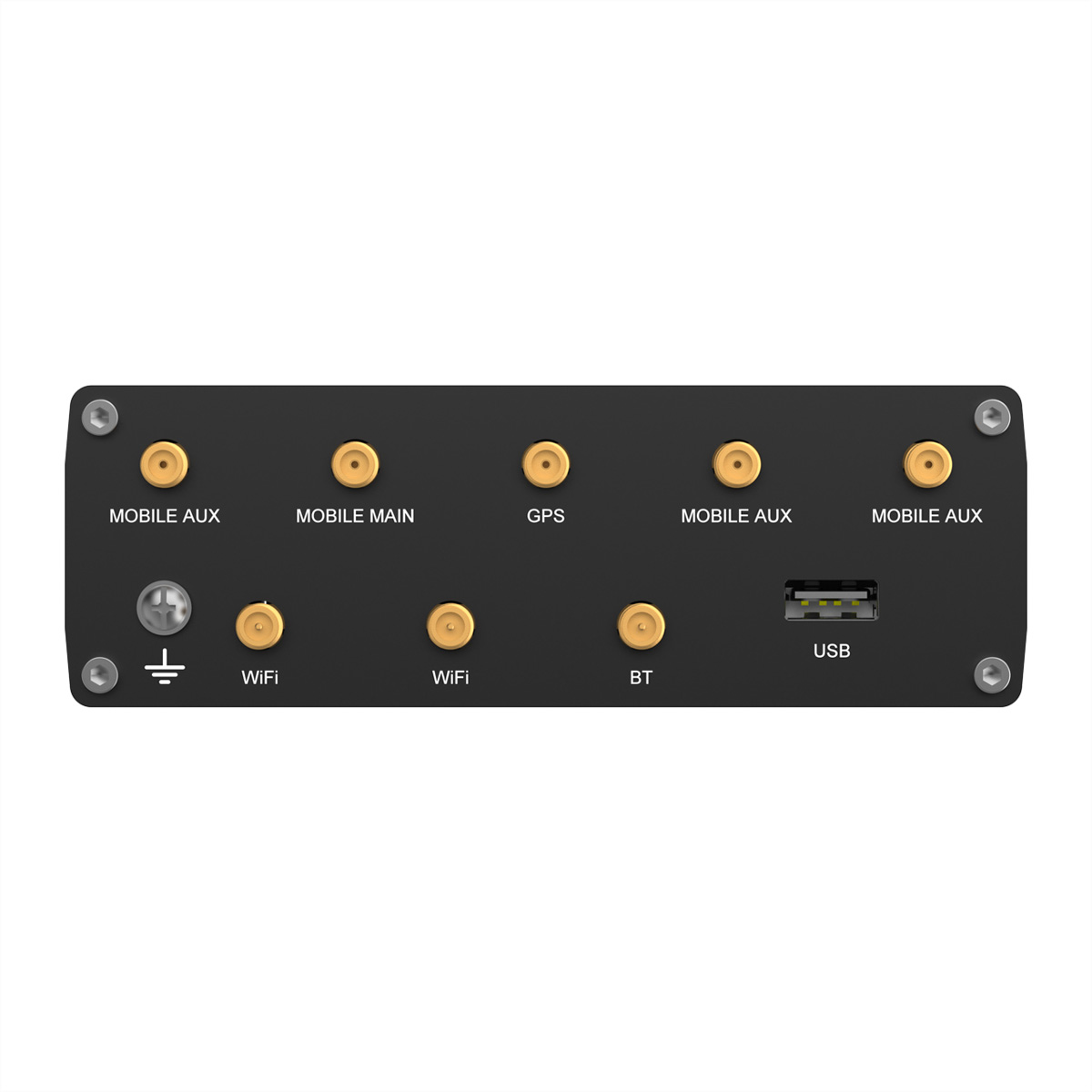 Zwart elektronisch paneel met gouden connectoren voor mobiel, GPS, WiFi, BT, USB en aardingsschroef.