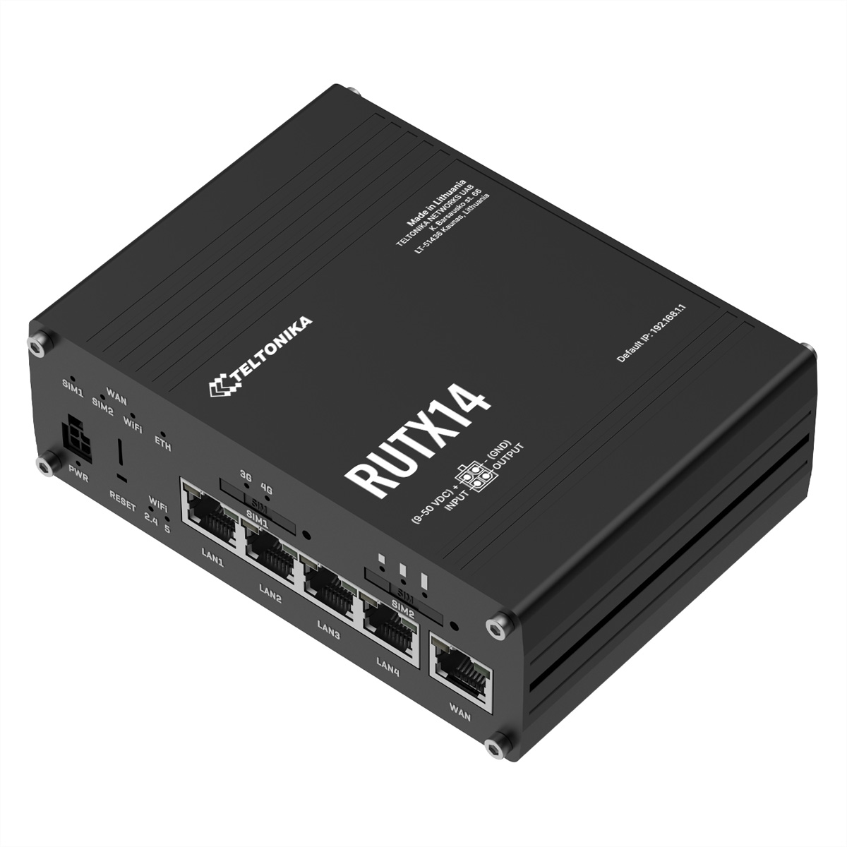Een zwarte Teltonika RUTX14-router met diverse poorten, SIM-slots en Ethernet-aansluitingen op het voorpaneel.