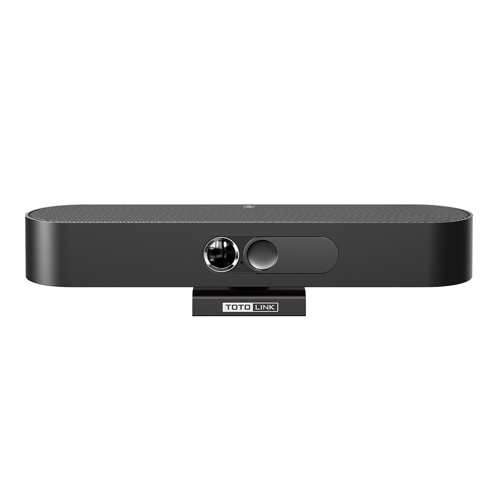 Telecamera per conferenze Totolink nera con obiettivo e microfono integrati su supporto.