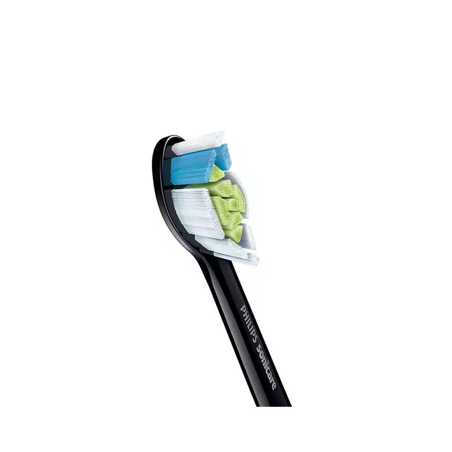 Cabezal de cepillo Philips Sonicare negro con cerdas blancas, azules y verdes sobre fondo blanco.