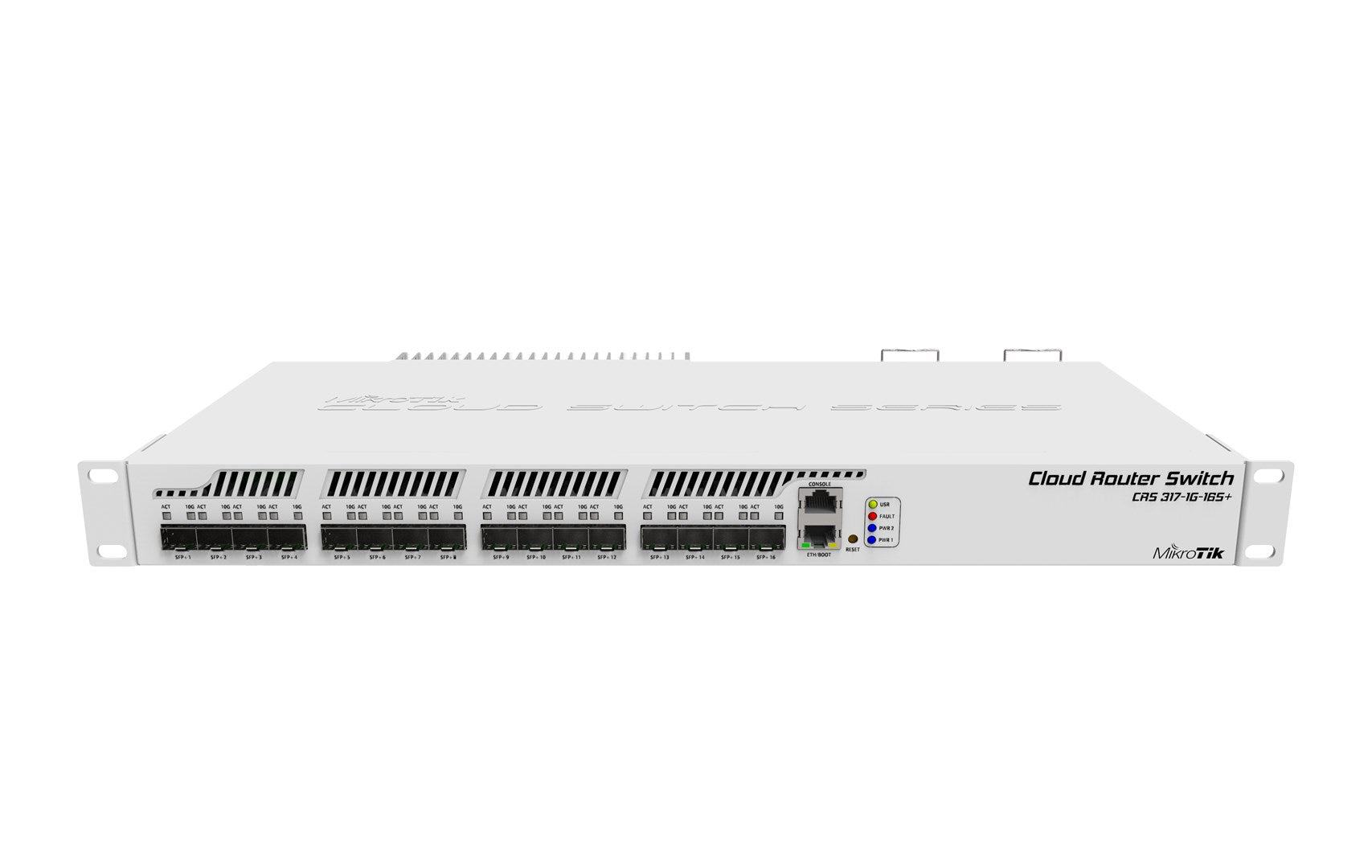 Vorderansicht eines weißen MikroTik Cloud Router Switch mit mehreren SFP-Anschlüssen und Statusleuchten vor weißem Hintergrund.