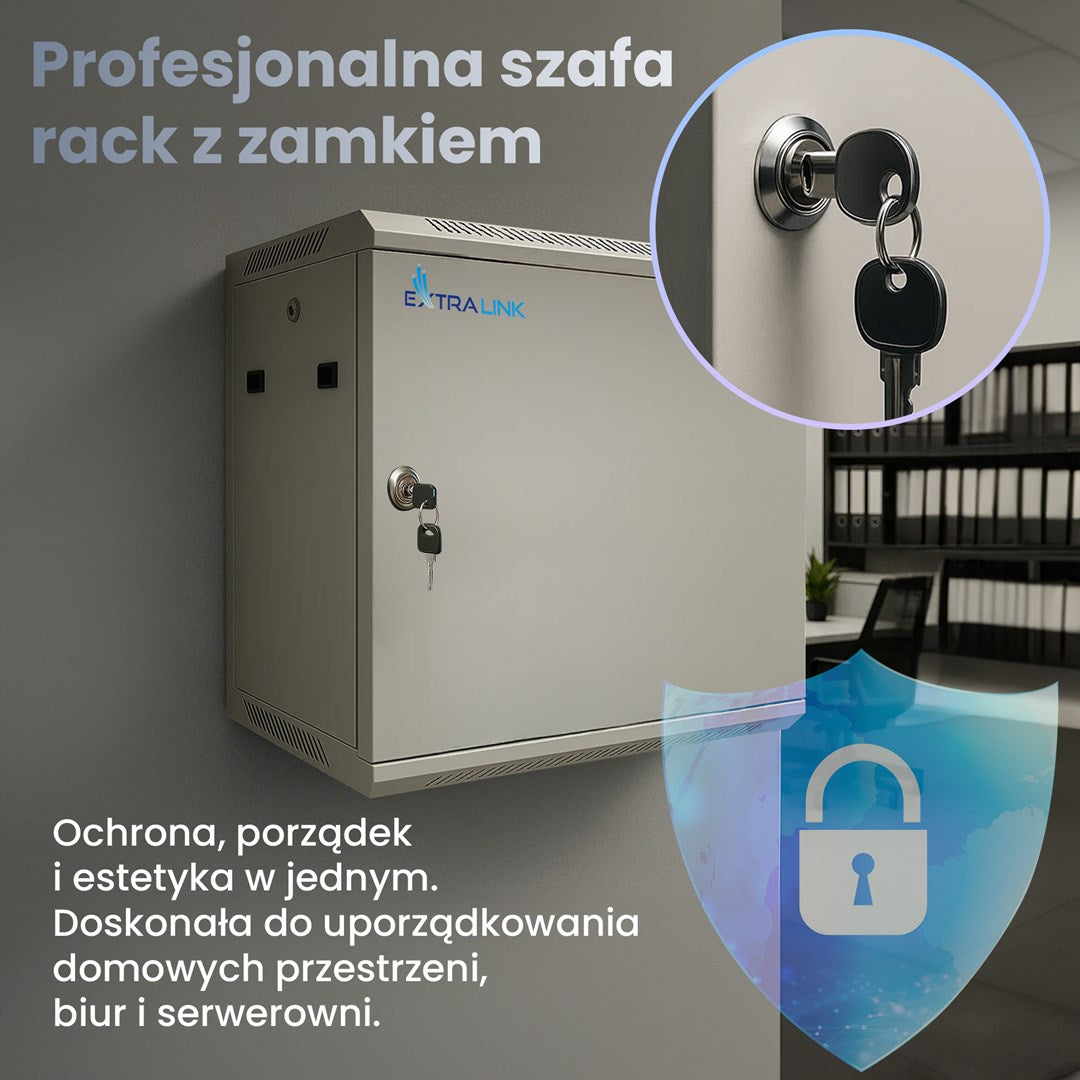 Szara szafa rack wisząca na ścianie z zamkiem na klucz.