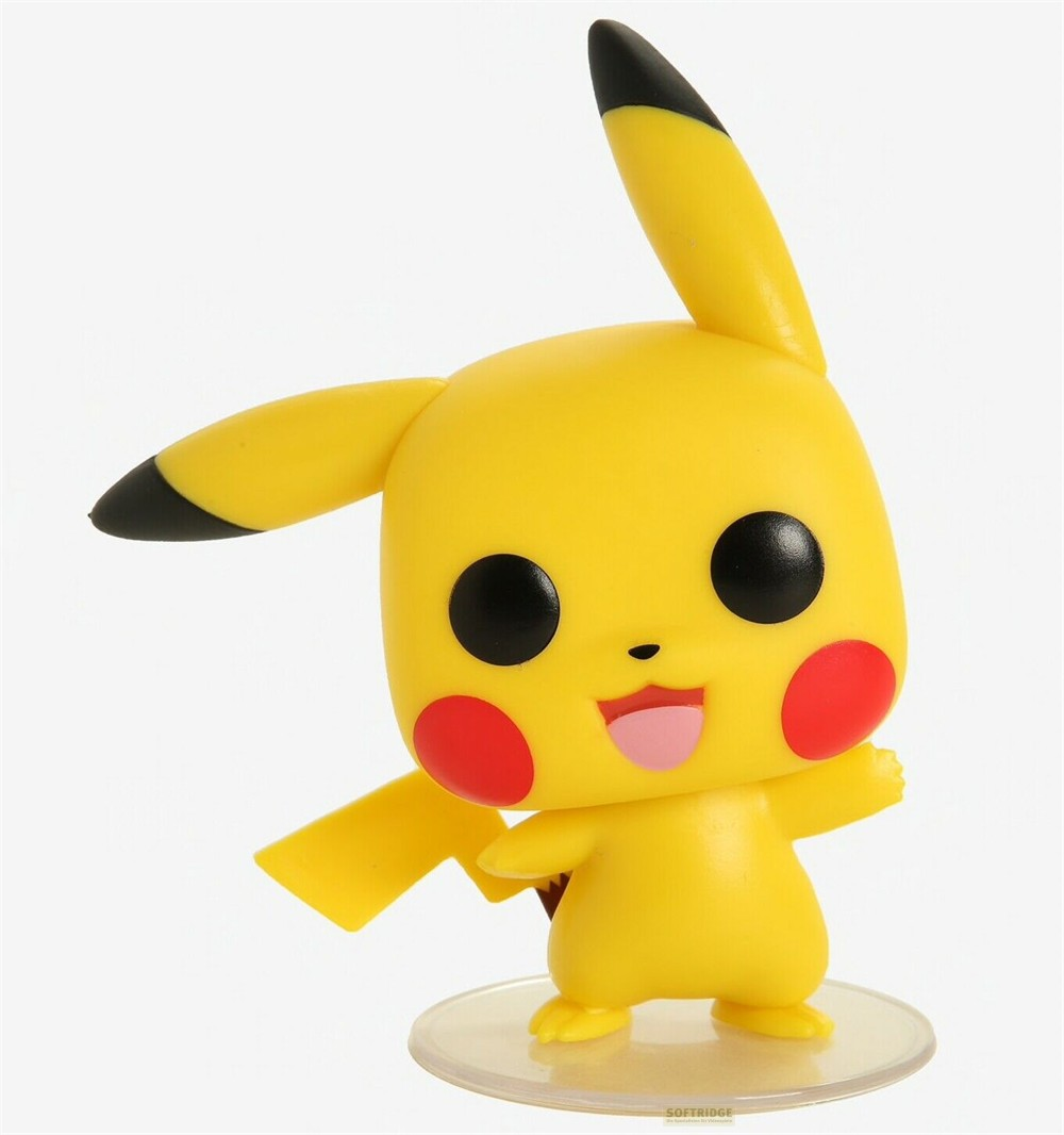 Eine Funko-Pop-Vinylfigur von Pikachu auf einem klaren Sockel vor weißem Hintergrund.