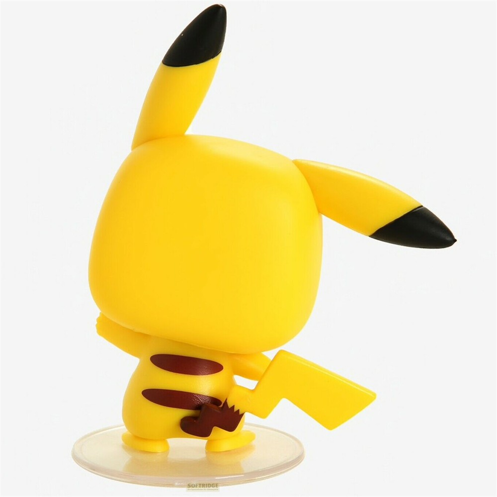 Rückansicht einer gelben Pikachu-Figur mit schwarzen Ohrenspitzen und braunen Streifen auf einer transparenten Platte.