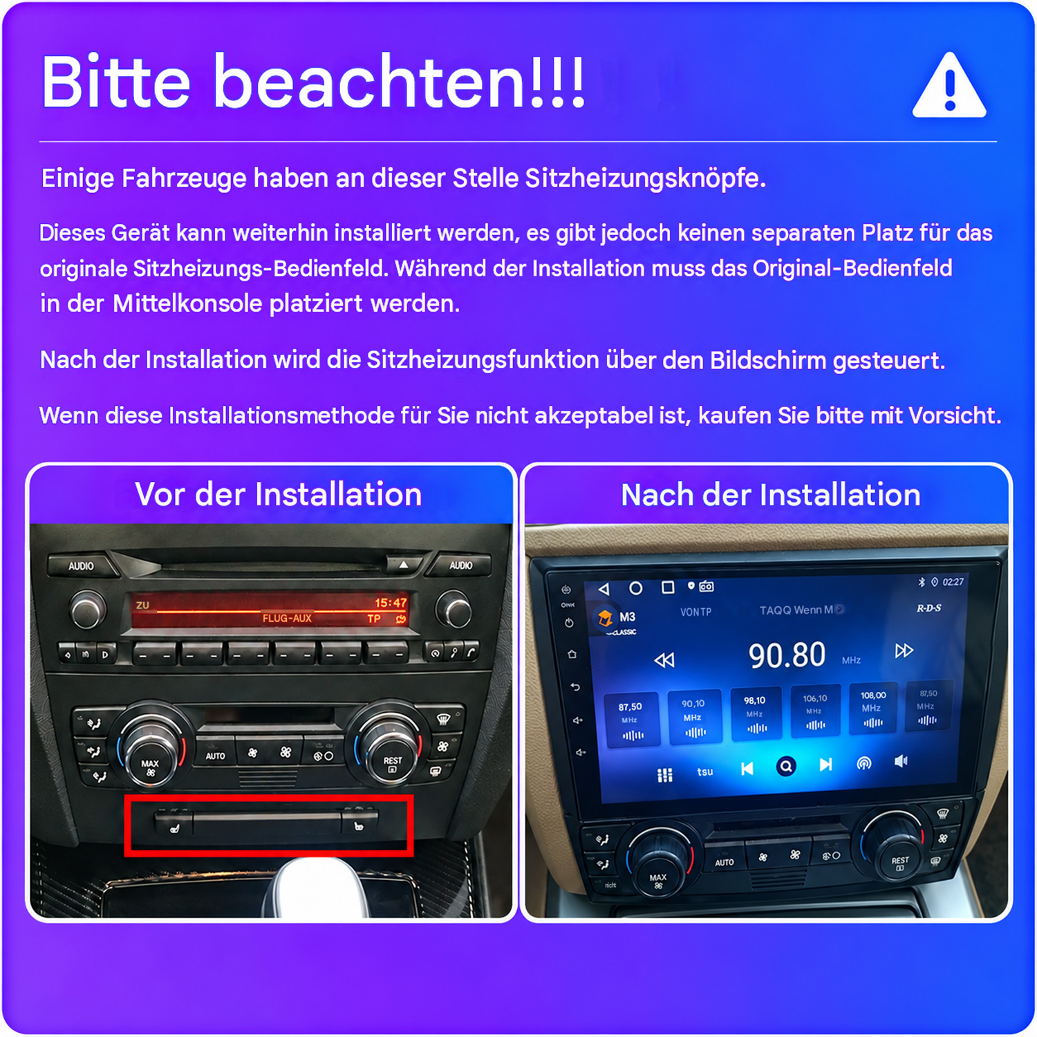 Hinweistext zur Sitzheizung und zwei Bilder zur Autoinstallation vorher und nachher.