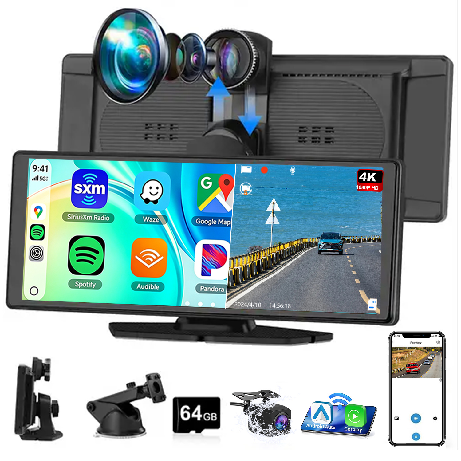 Eine Dashcam mit geteiltem Bildschirm für Apps und Straßensicht, Halterungen und 64-GB-Karte.