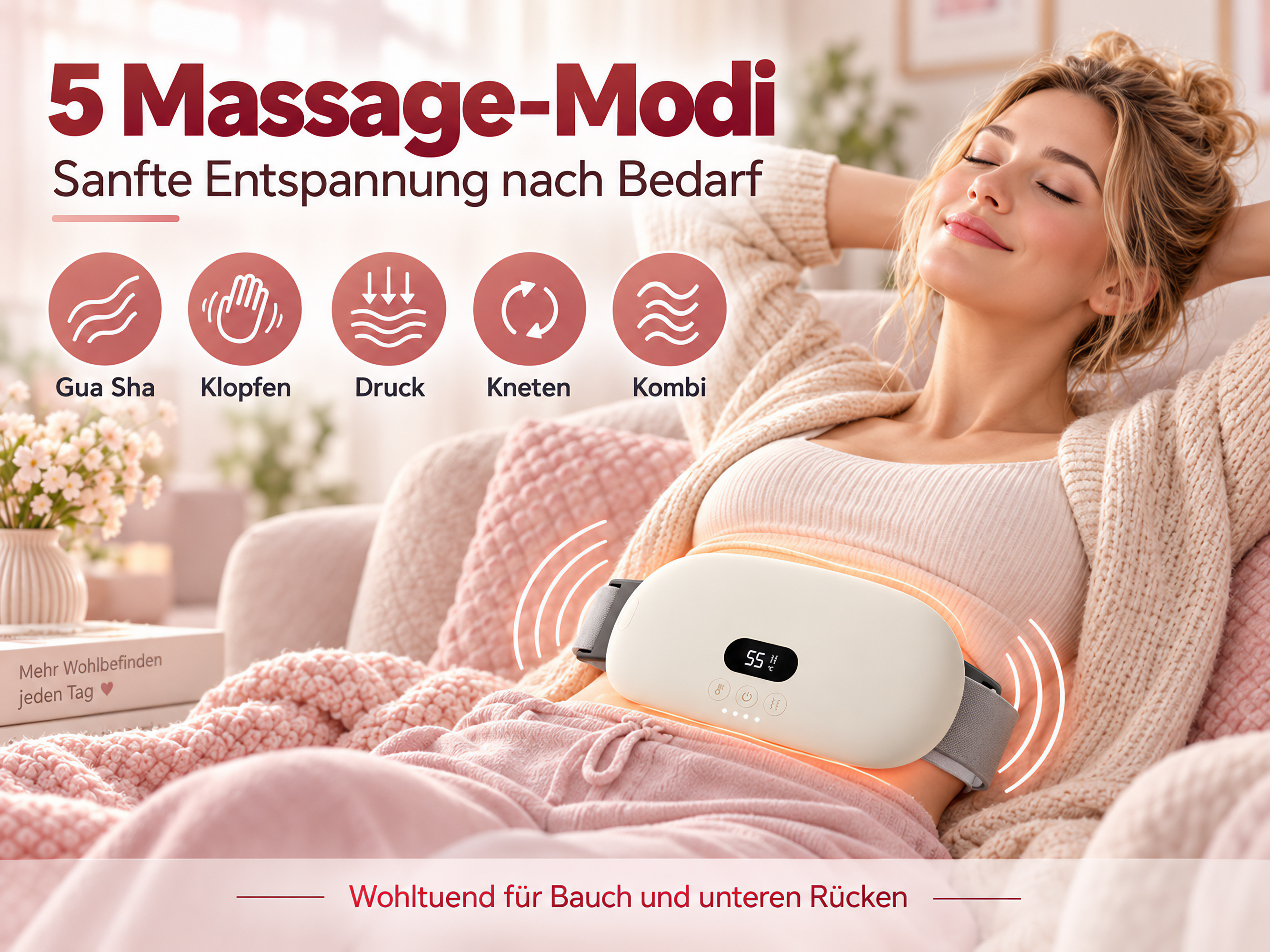 Eine entspannte Frau sitzt auf einem Sofa und trägt einen Massagegürtel um den Bauch mit fünf verschiedenen Modi.
