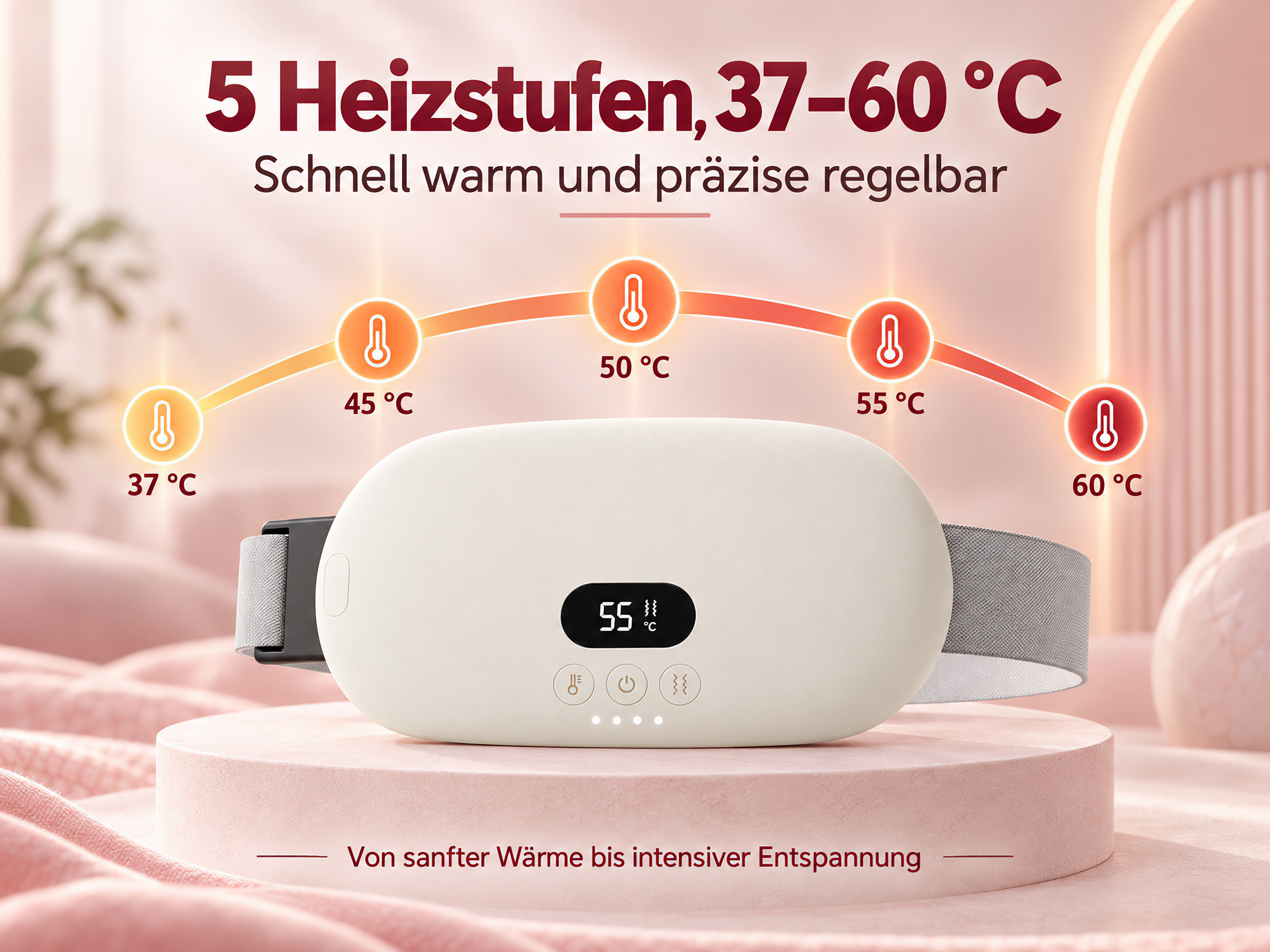 Weisser Waermegruertel mit Display und 5 Temperaturstufen von 37 bis 60 Grad.