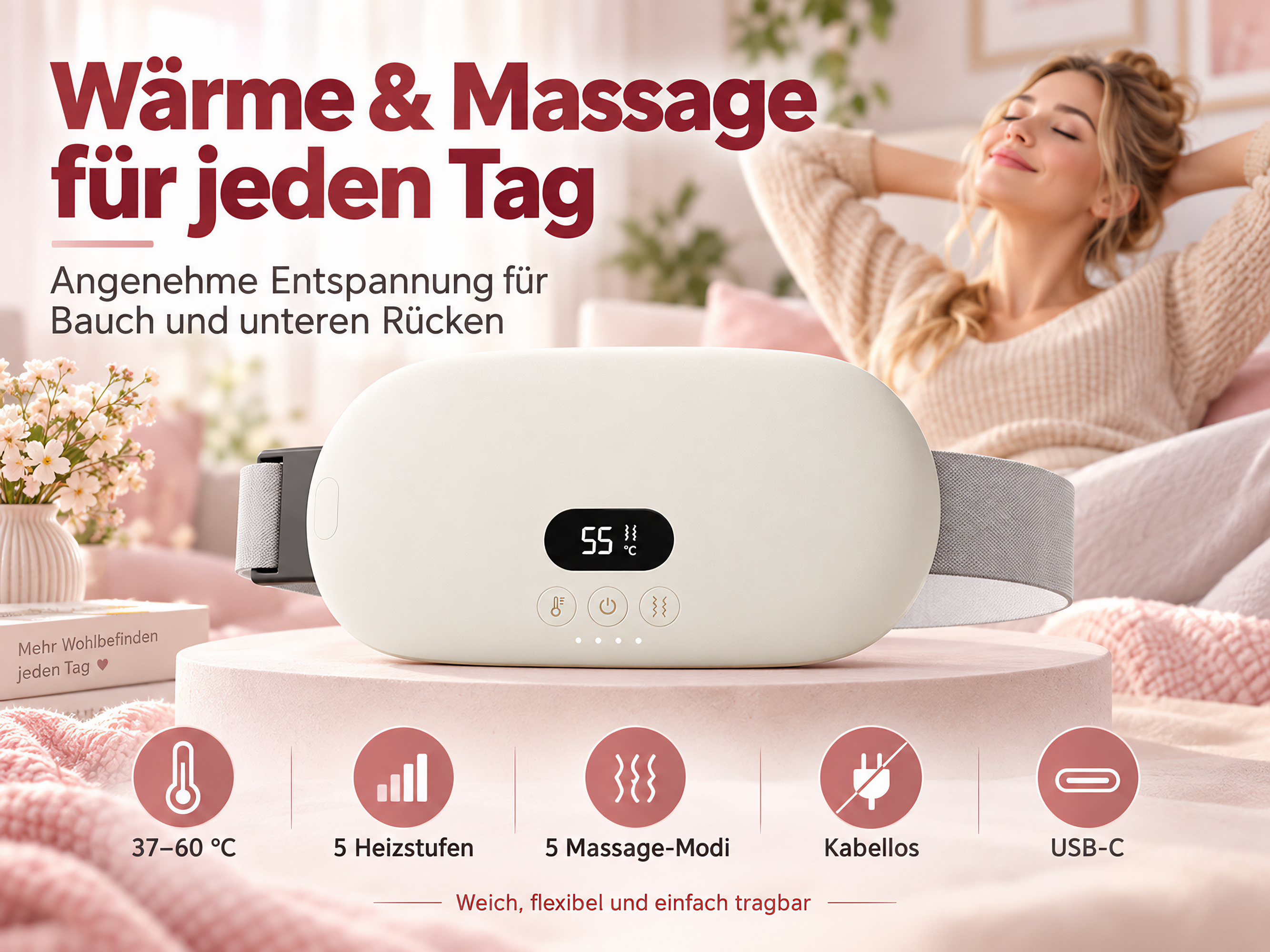 Ein weißes Heiz- und Massagegerät für den Bauch liegt auf einem Podest, im Hintergrund entspannt eine Frau.