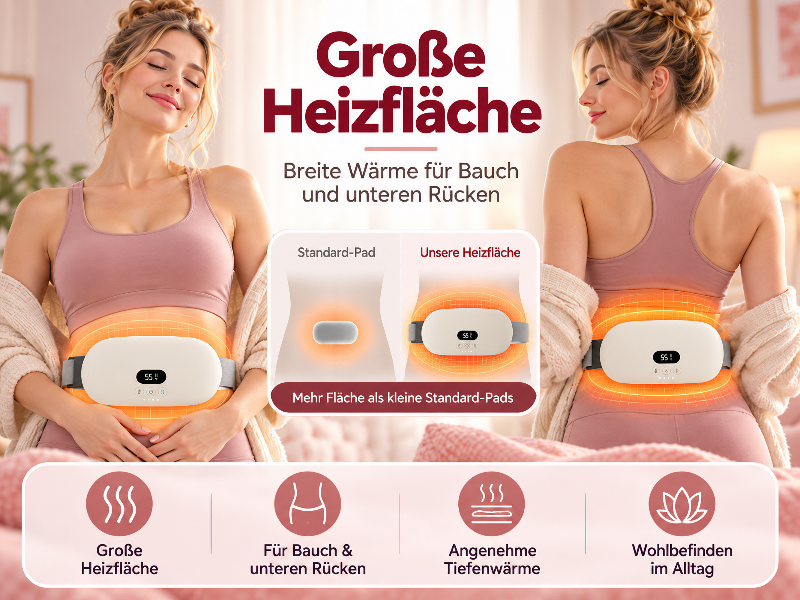Frau trägt einen großen, weißen Heizgürtel um Bauch und Rücken mit wärmenden Grafiken.