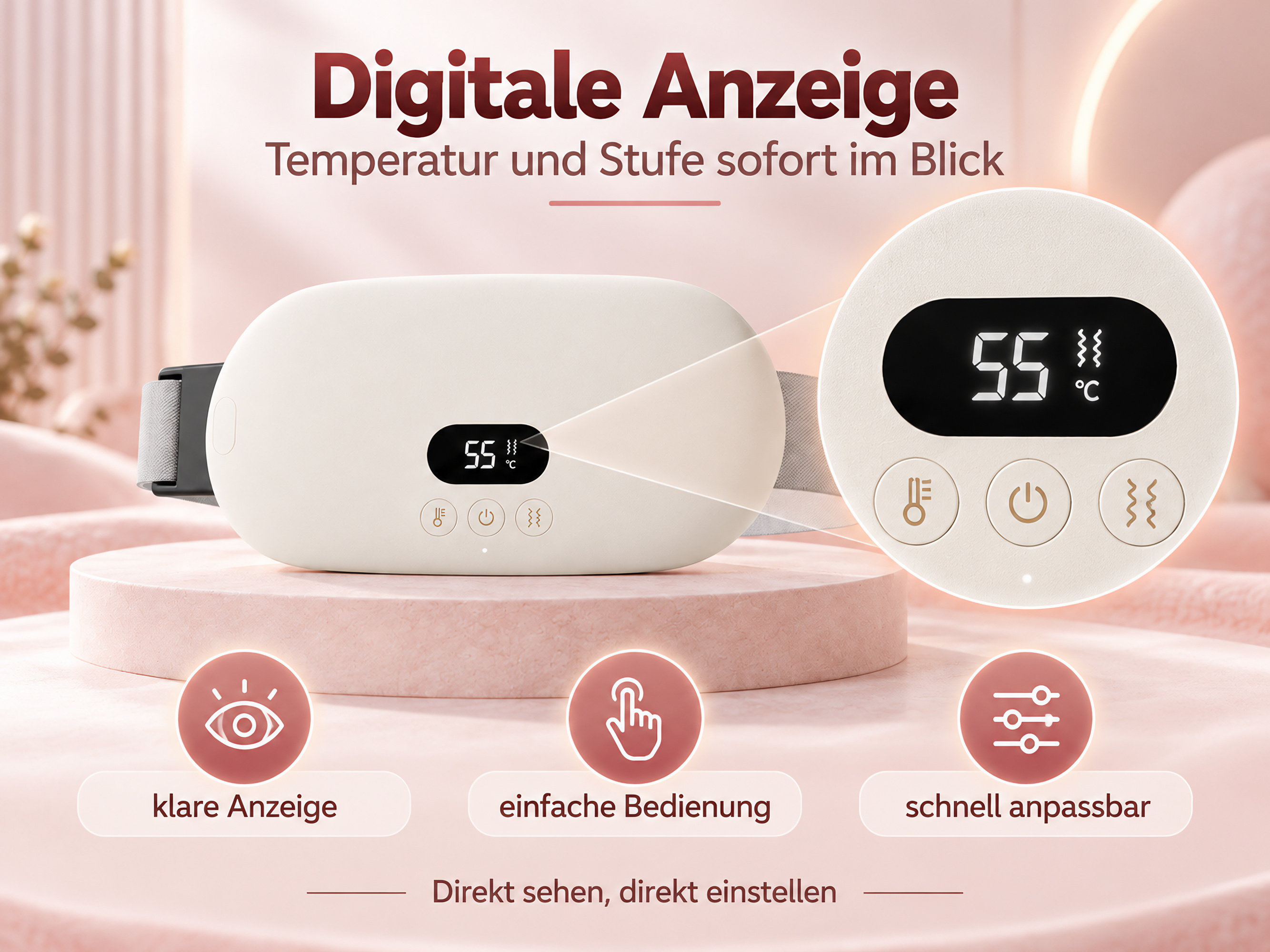Digitale Anzeige eines Heizgürtels mit Temperatur und Stufe auf podest.