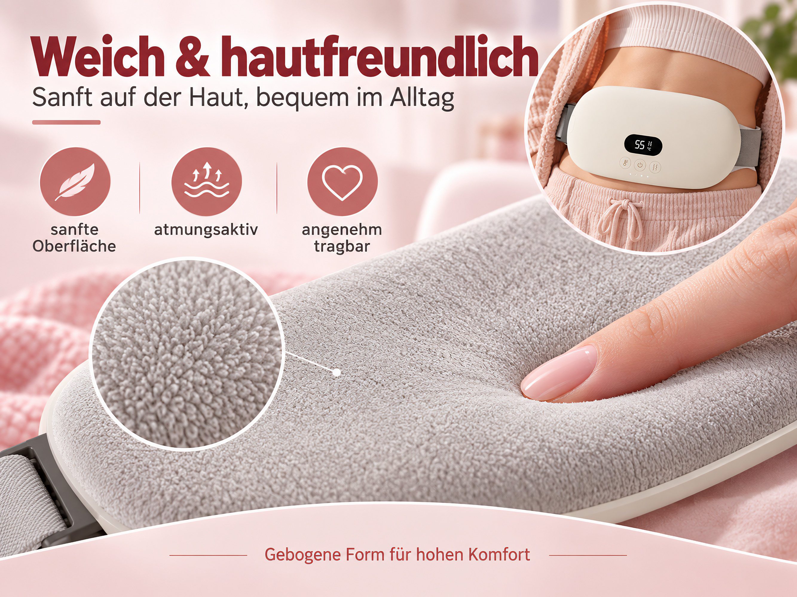 Ein weicher, hautfreundlicher Heizgürtel mit Display, während eine Hand den flauschigen Stoff berührt.