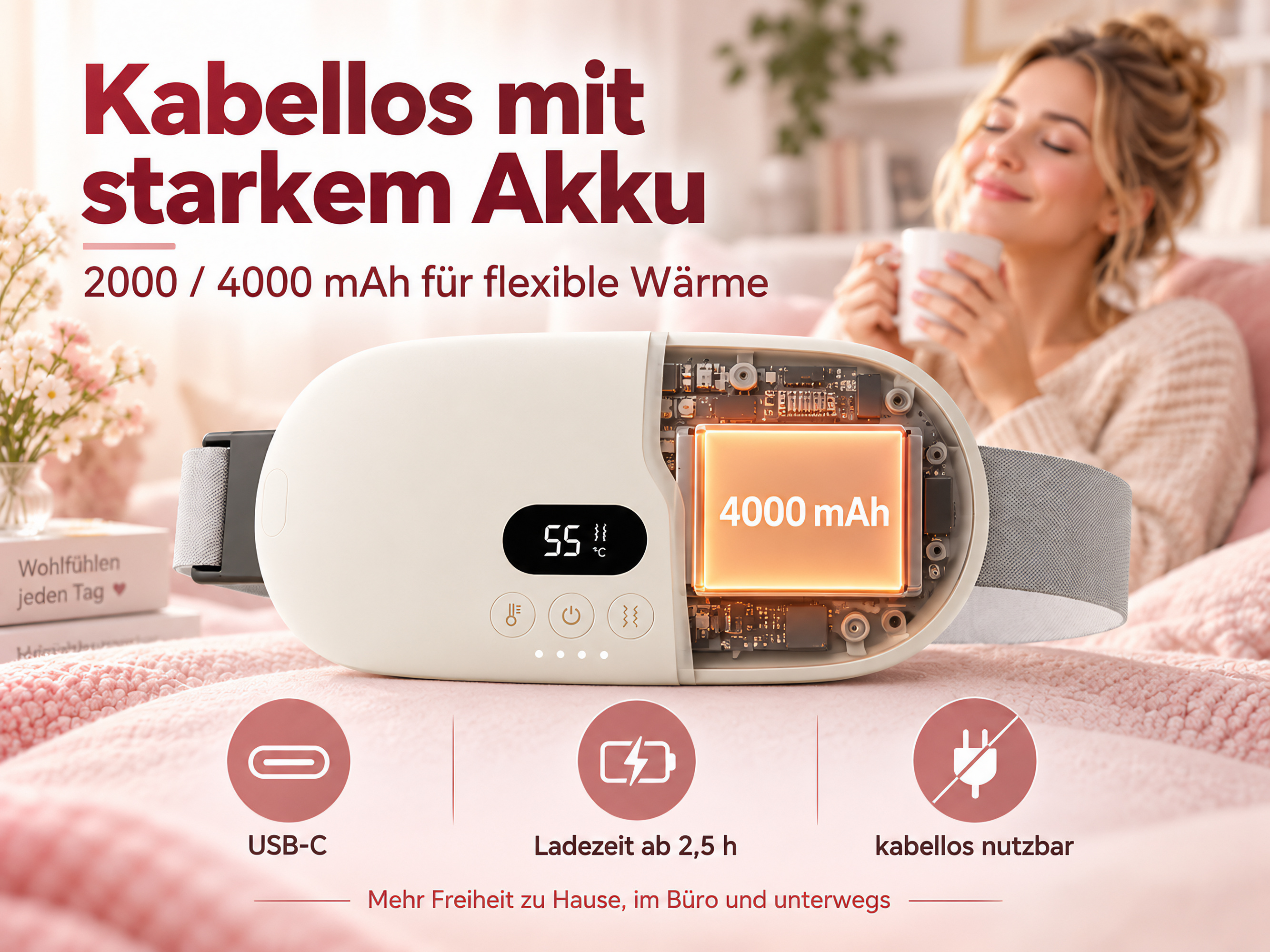 Wiederaufladbarer kabelloser Wärmegürtel mit Akkuanzeige und technischer Innensicht, im Hintergrund eine entspannte Frau.