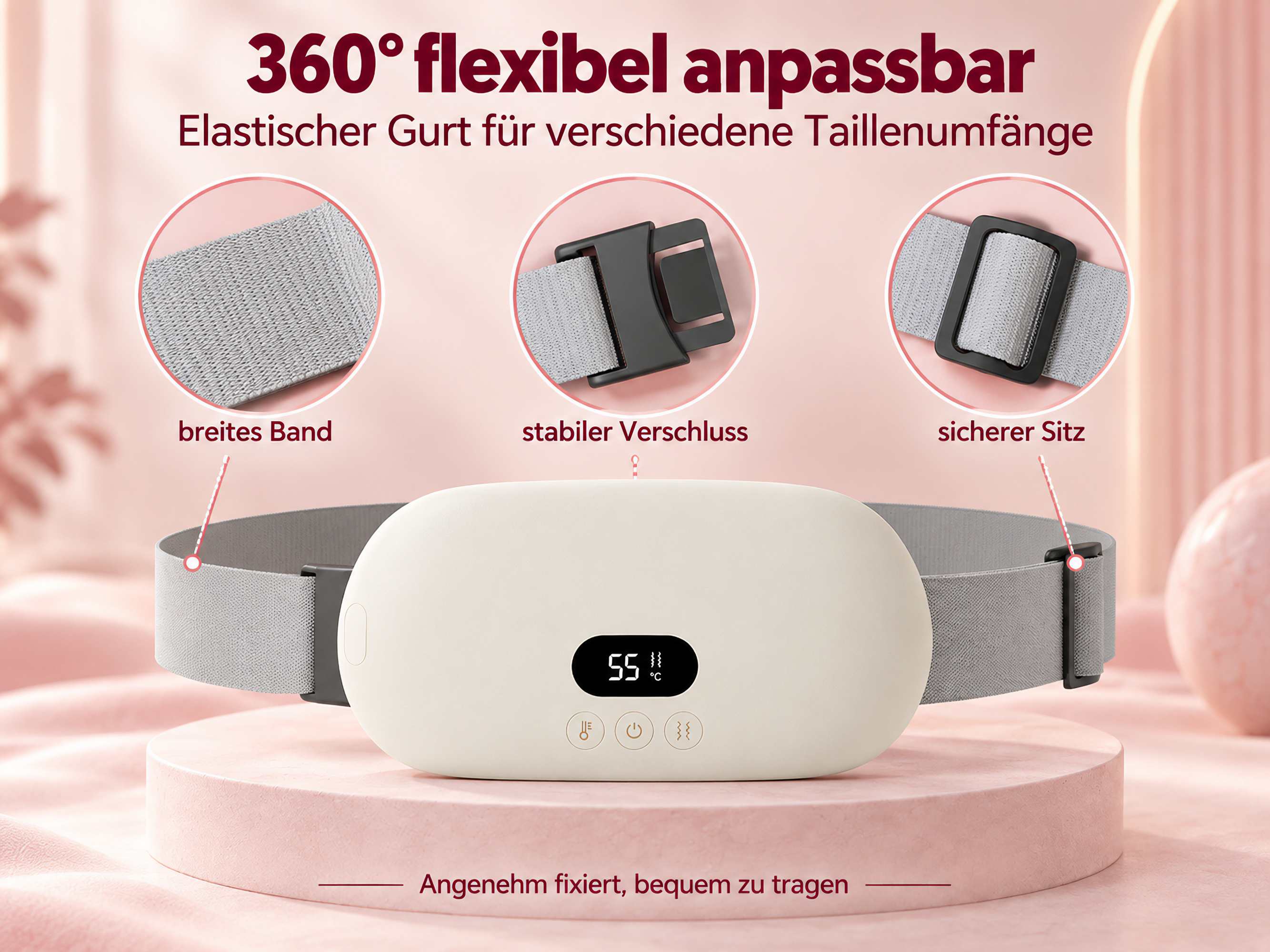 Ein weißer, länglicher Wärmegürtel mit grauem Band und digitalen Bedienelementen, präsentiert auf einem runden Podest.