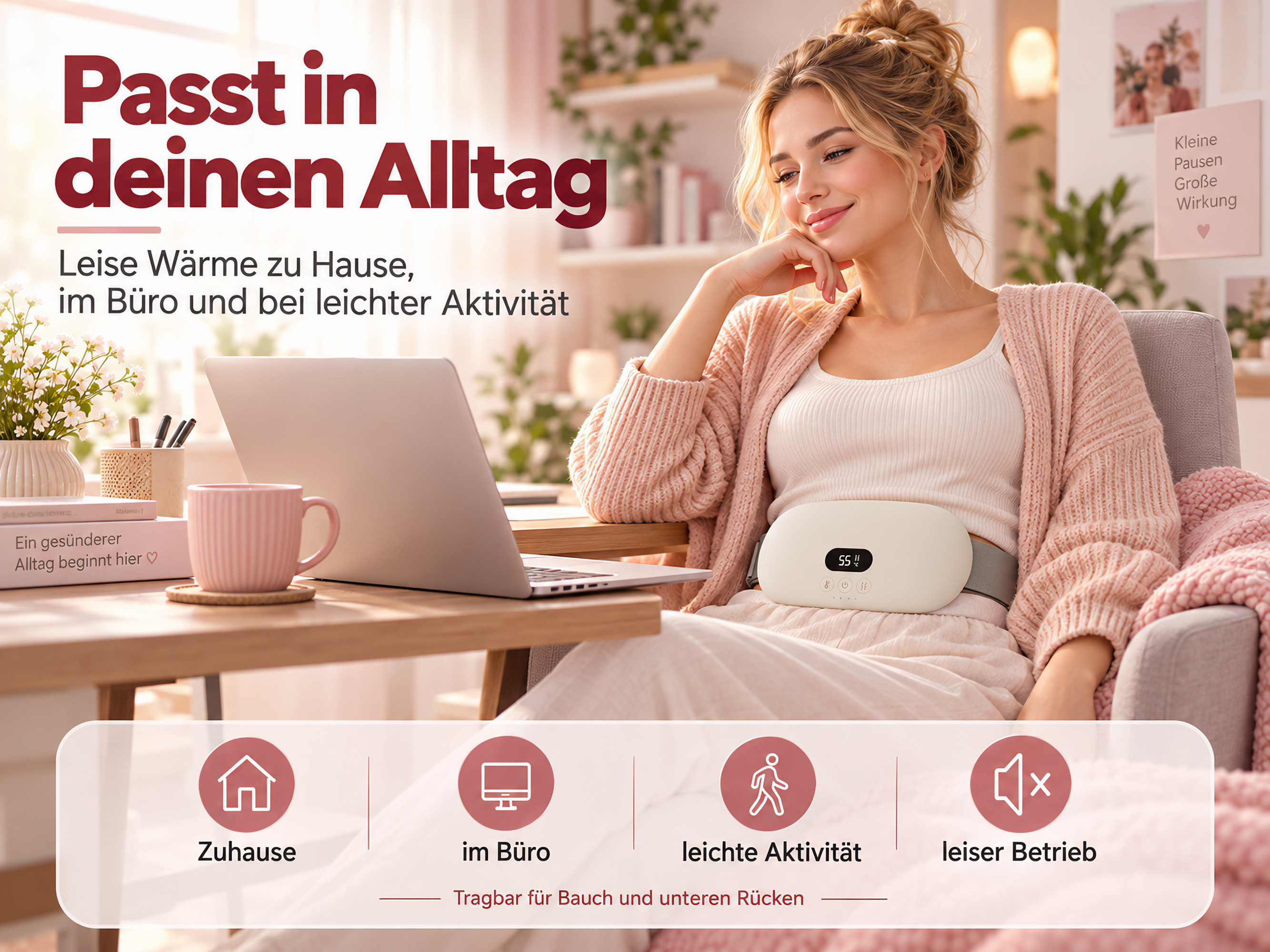 Eine Frau sitzt entspannt im Sessel, arbeitet am Laptop und trägt ein weißes Wärmegerät am Bauch.