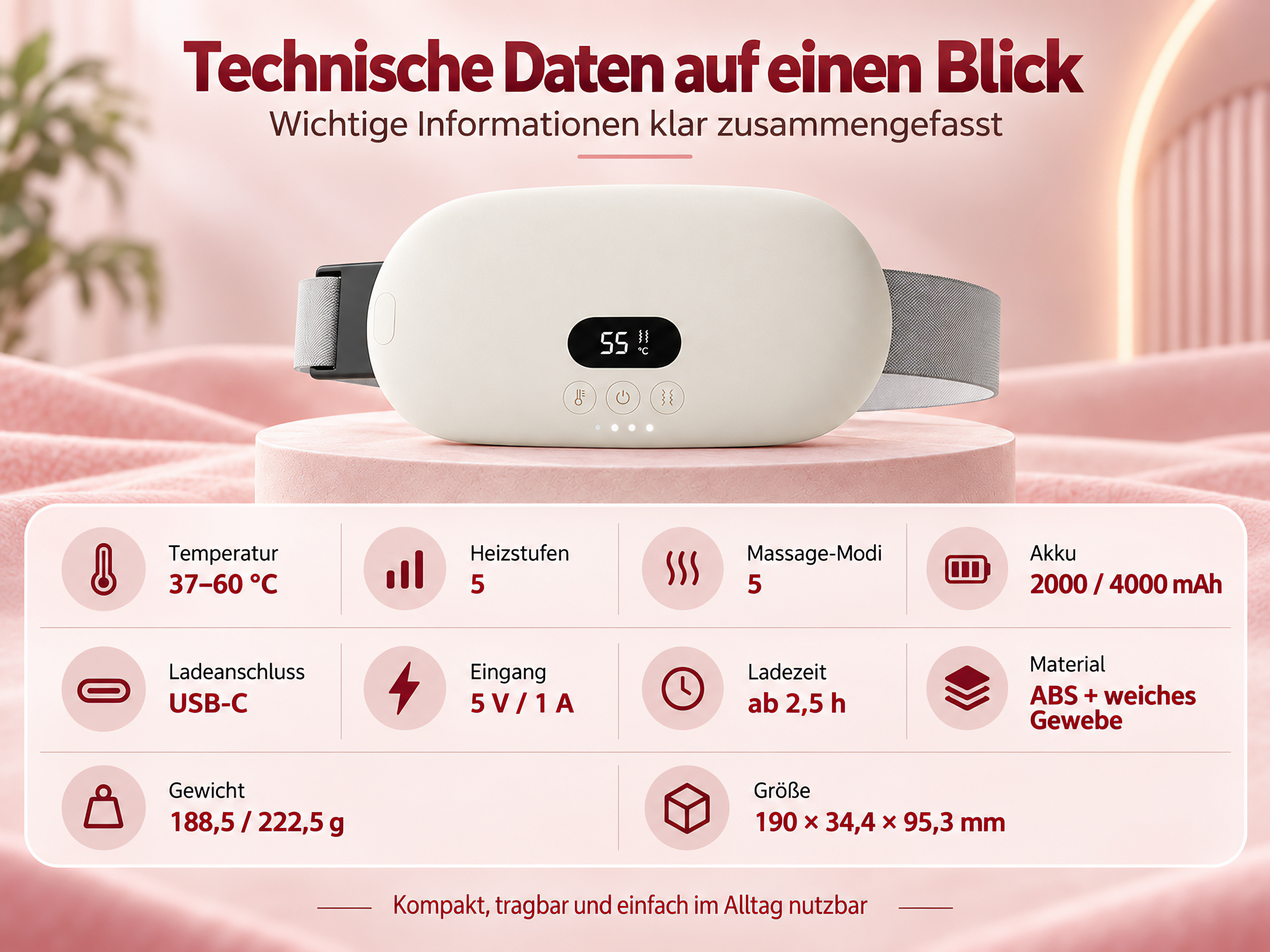 Produktbild eines beigen MenstruationsgüTels auf rosa Podest mit technischen Daten auf Deutsch.
