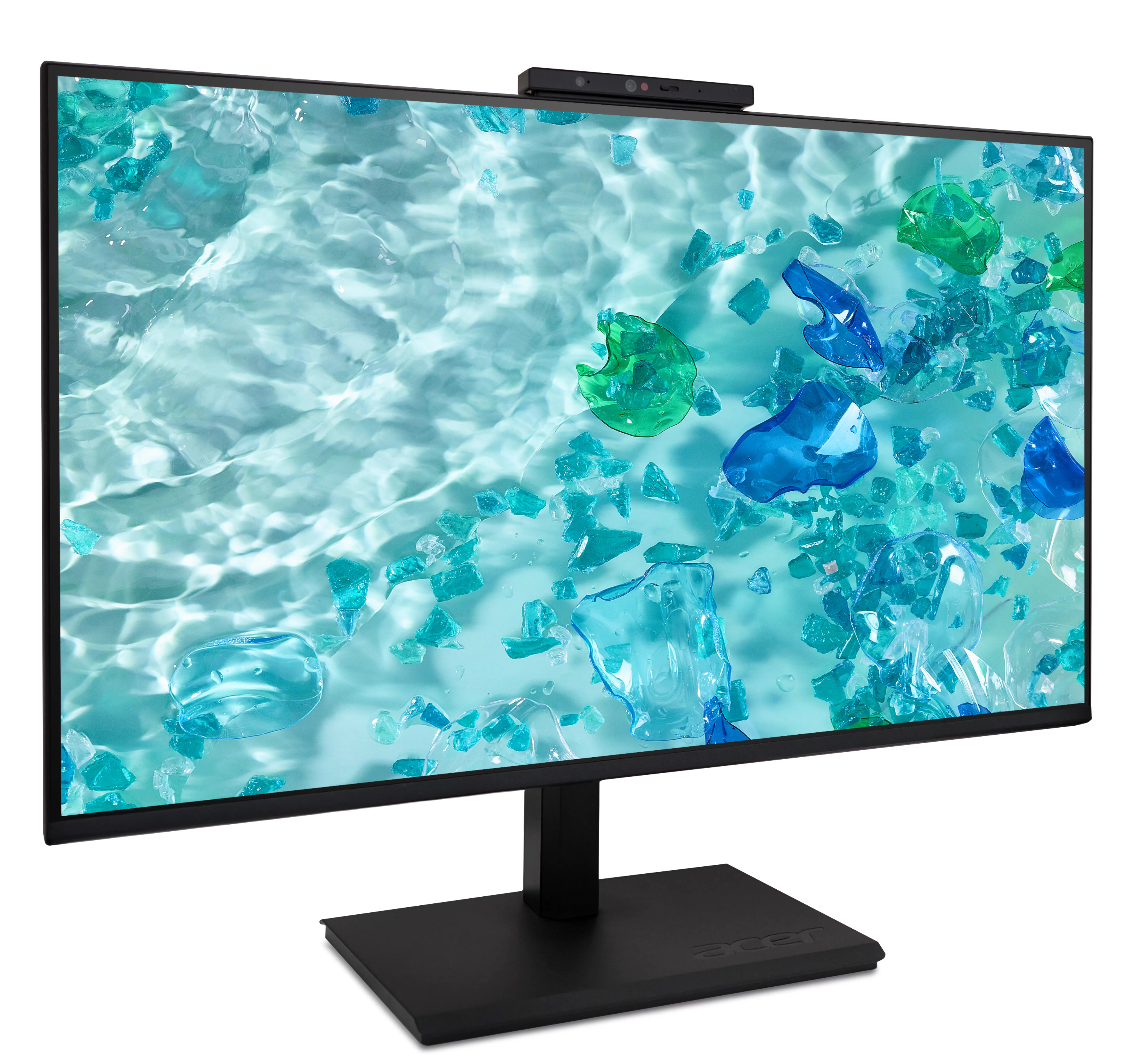 Monitor Acer con supporto nero e webcam in alto, che mostra acqua blu con pezzi di plastica sullo schermo.
