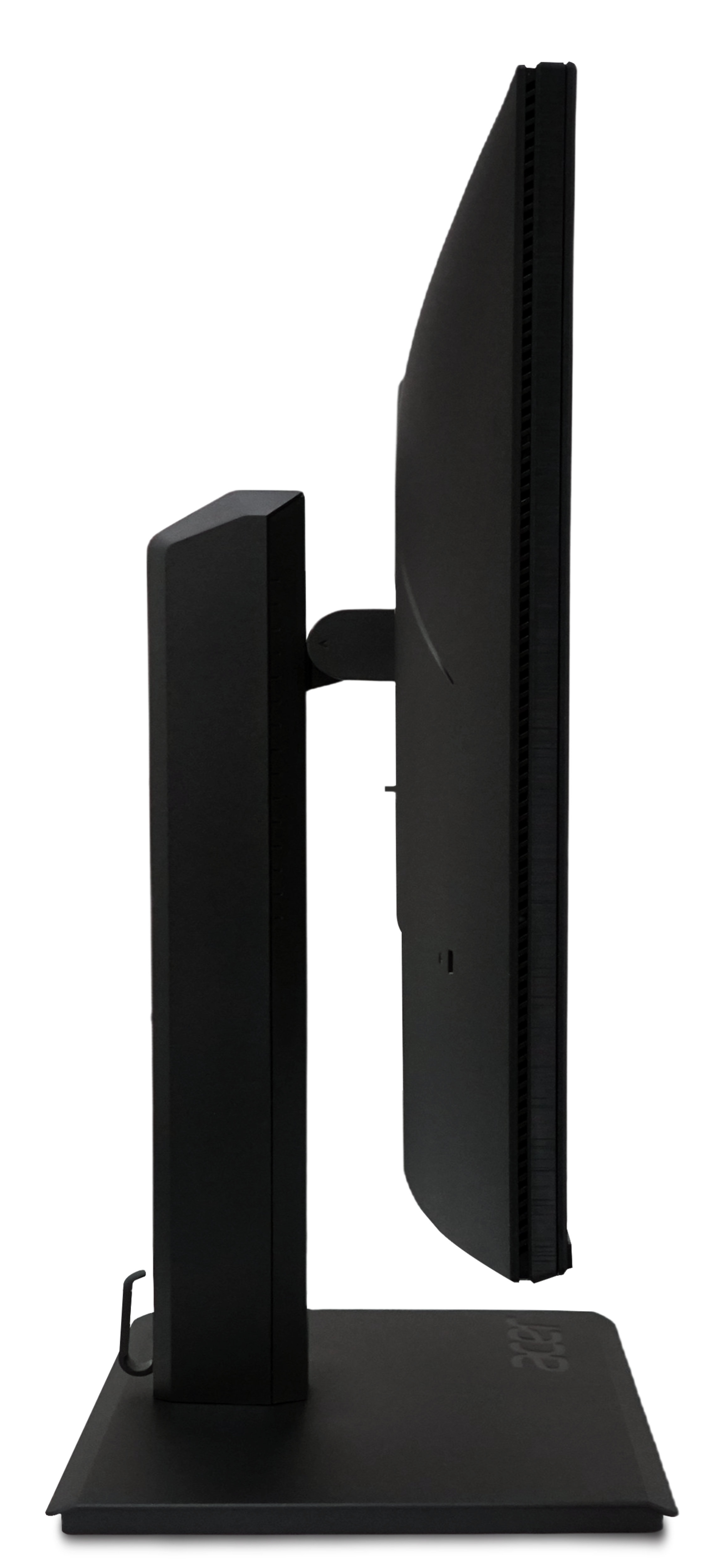 Vista laterale di un monitor per computer nero con supporto regolabile su sfondo bianco.