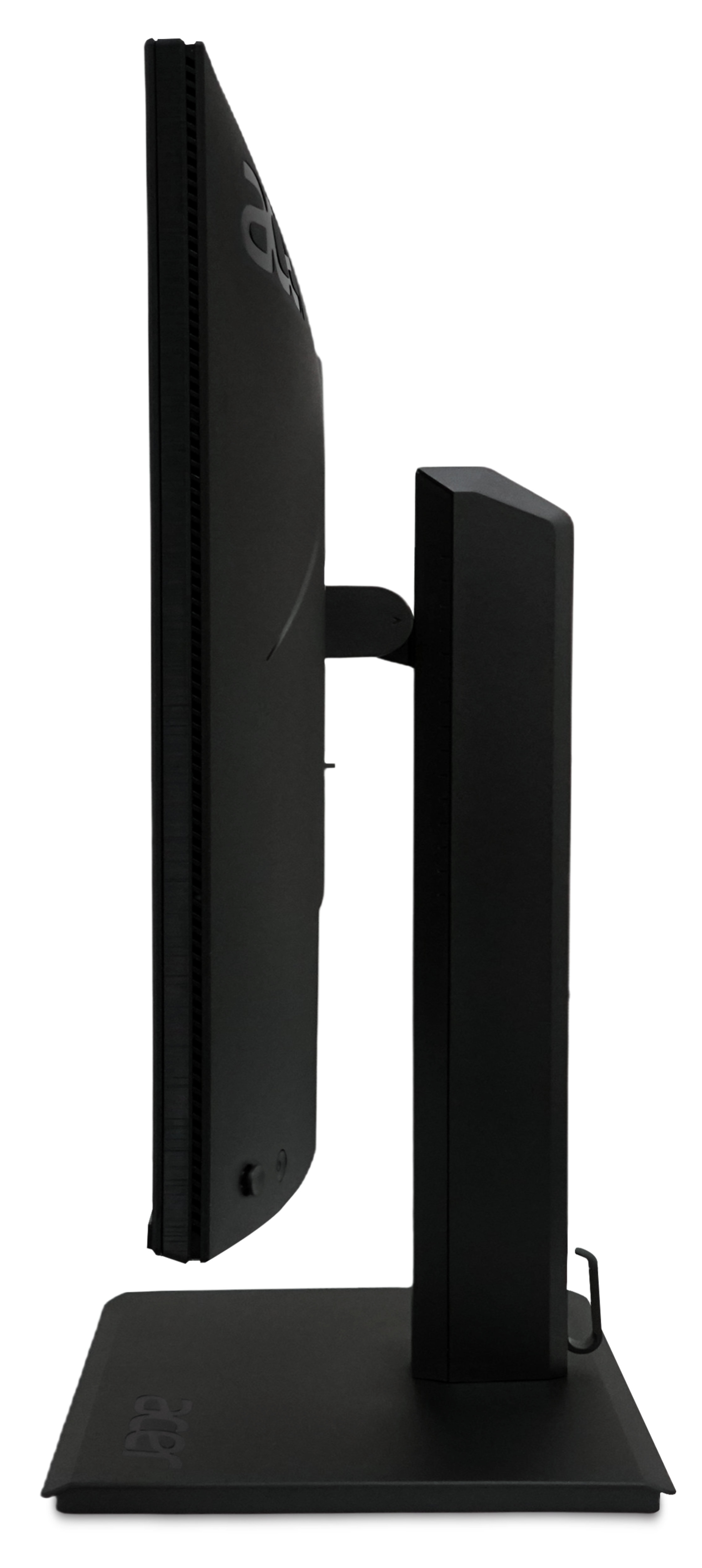 Vista laterale di un monitor di computer nero su un supporto su sfondo bianco.