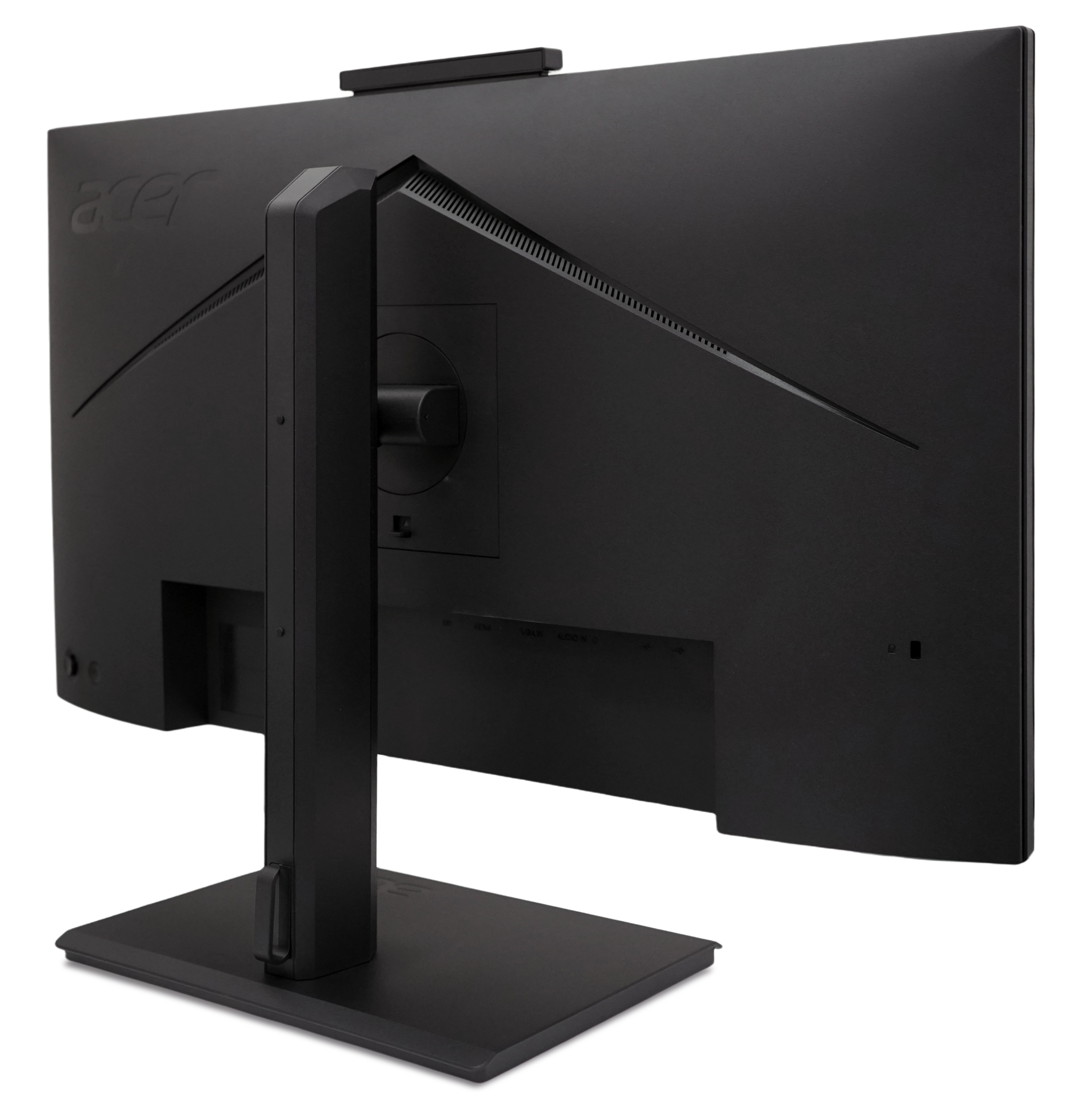 Vista posteriore di un monitor nero Acer su supporto con modulo webcam collegato su sfondo bianco.