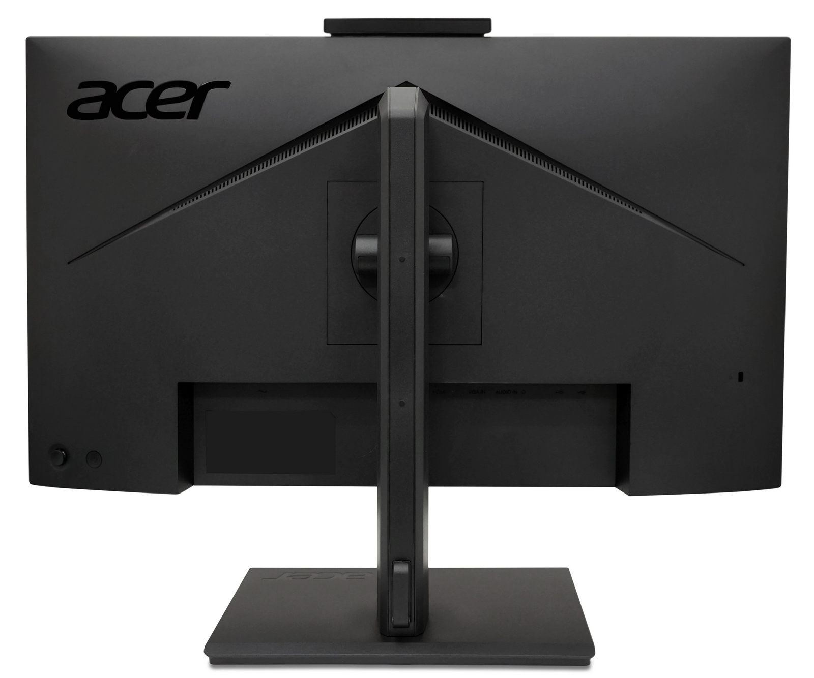 Vista posteriore di un monitor per computer Acer nero con supporto su sfondo bianco.