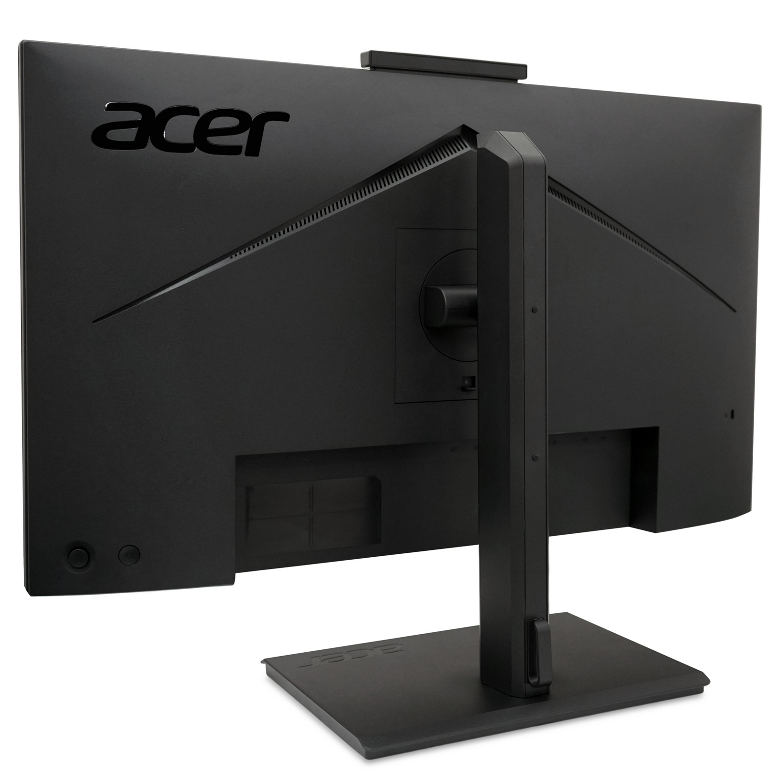 Vista posteriore di un monitor nero Acer con supporto su sfondo bianco.