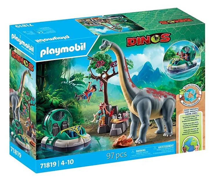 Boîte du set Playmobil Dinos avec un grand Brachiosaure, un bateau, des figurines et un décor de jungle.