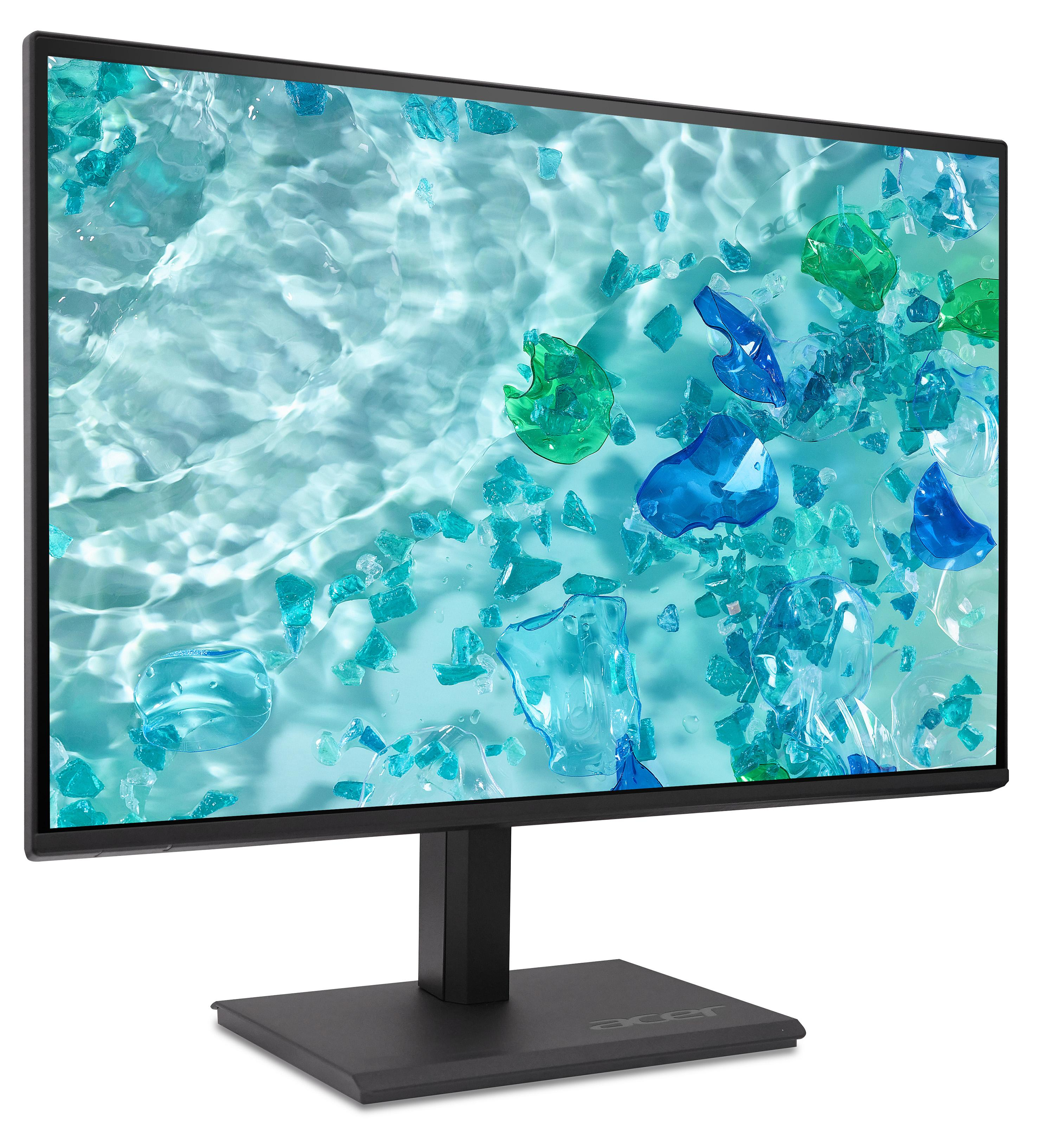 Un monitor Acer su supporto nero mostra uno sfondo di acqua blu con frammenti di vetro verde e blu.