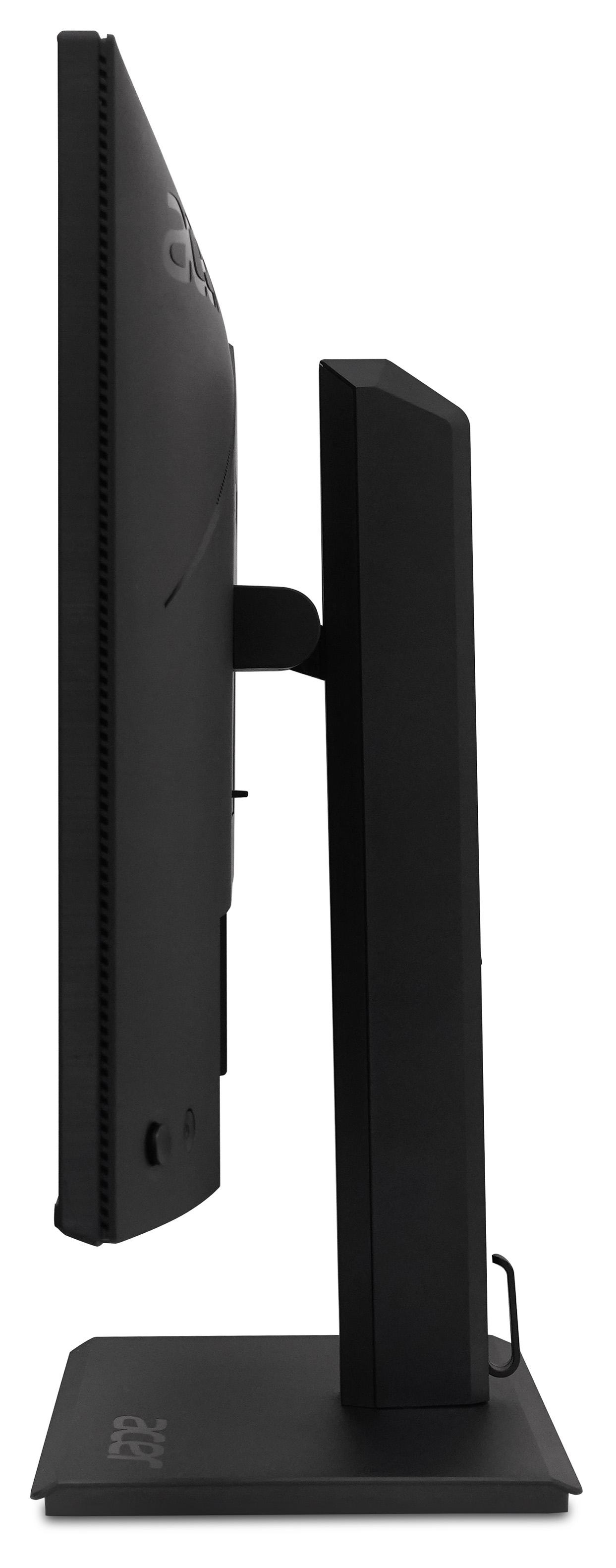 Vista laterale di un monitor per computer Acer nero con supporto ergonomico su sfondo bianco.