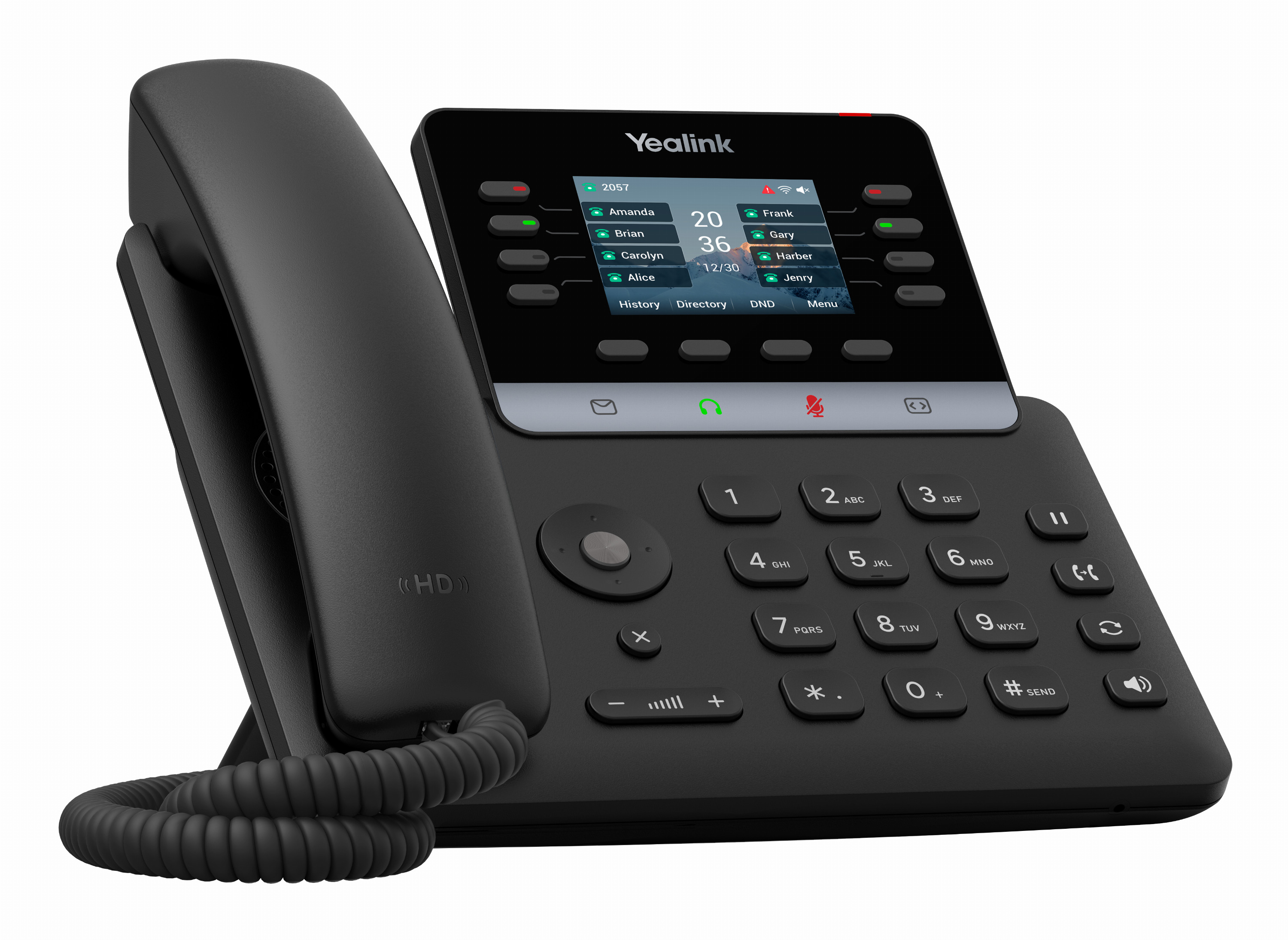 Un telefono IP da scrivania Yealink nero con schermo a colori, tastiera e ricevitore a sinistra.
