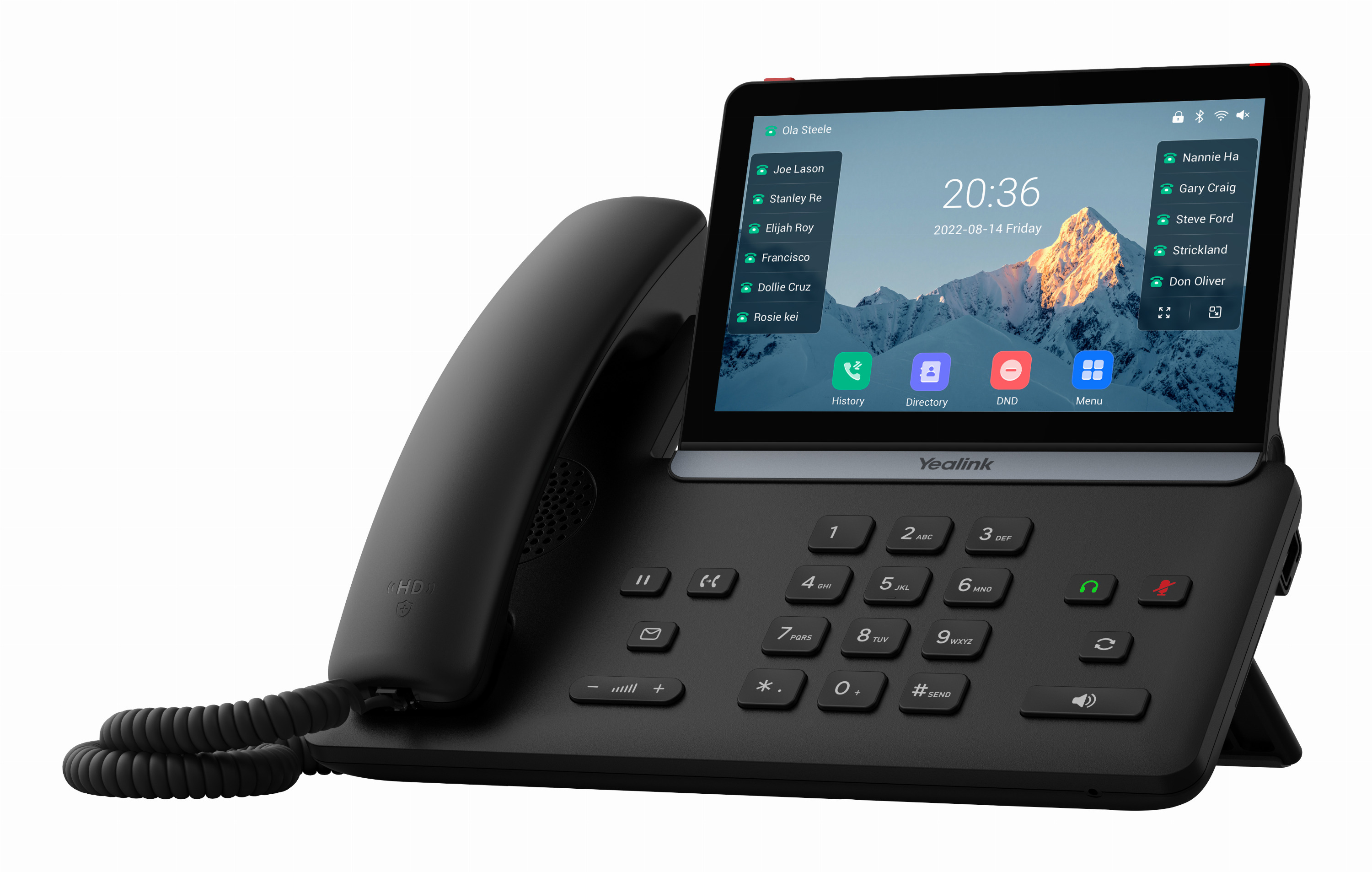 Un telefono IP nero con touchscreen, ricevitore e tastiera fisica.