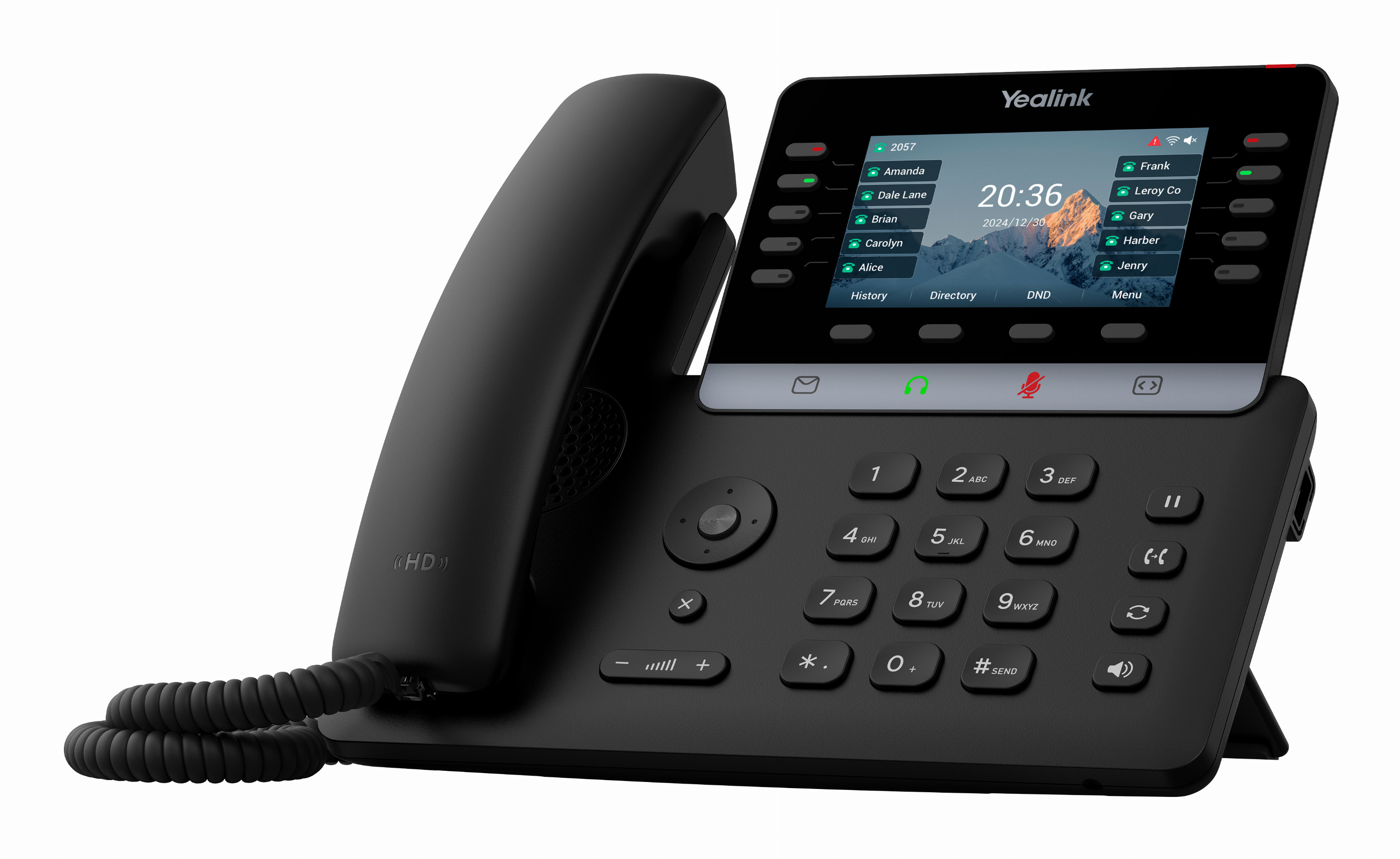 Un telefono IP Yealink nero con display a colori, ricevitore, tastierino fisico e sfondo di montagna.