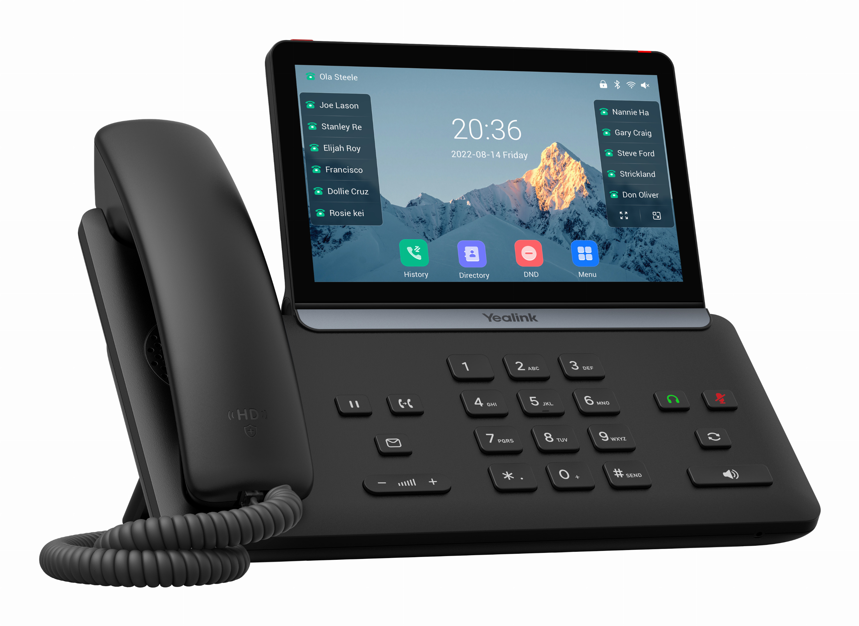 Un telefono da scrivania VoIP nero moderno con un ampio touchscreen che mostra uno sfondo di montagna.