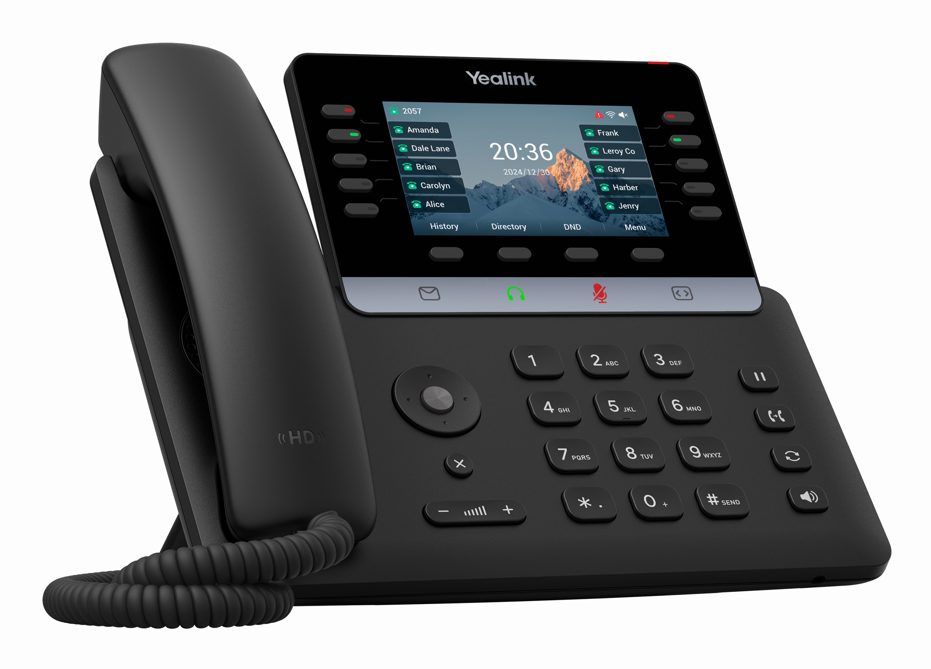 Un telefono da scrivania IP Yealink nero con schermo a colori, tastierino numerico e ricevitore.