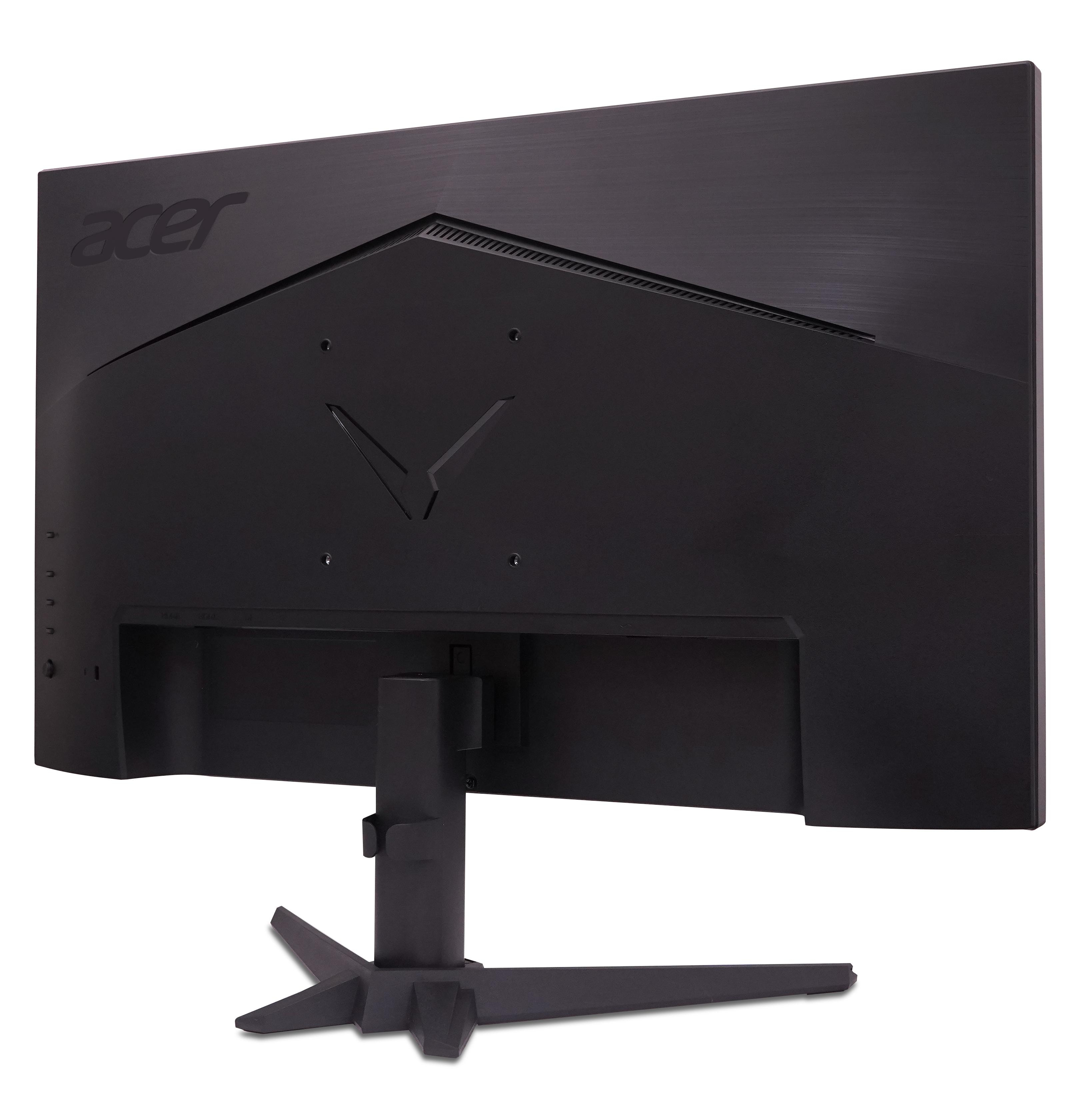Il retro di un monitor Acer nero con supporto su sfondo bianco.