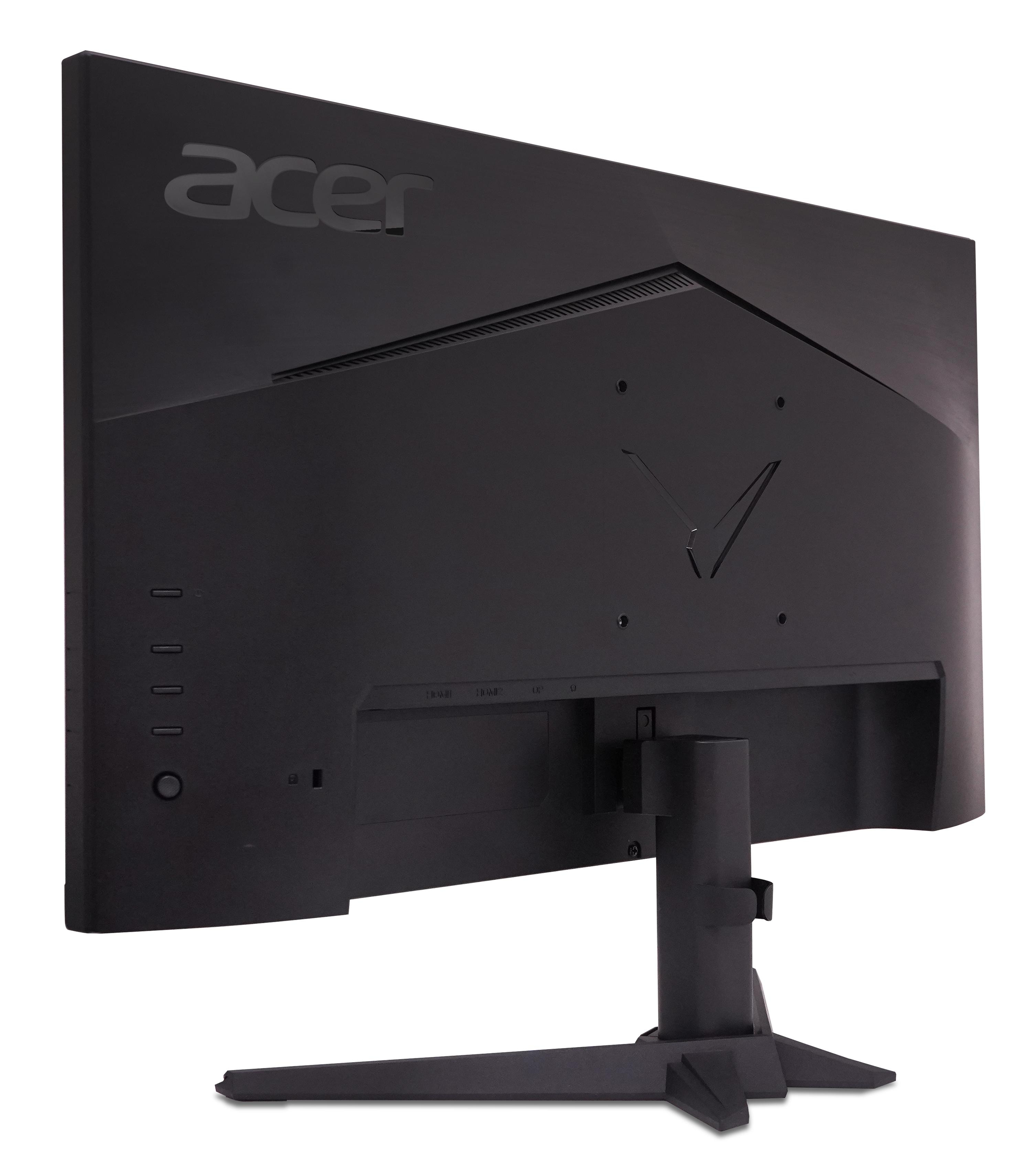 Vista posteriore di un monitor Acer nero con supporto VESA su sfondo bianco.