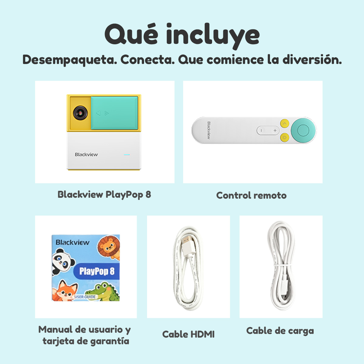 Contenido: dispositivo Blackview PlayPop 8, control remoto, manual, cable HDMI y cable de carga.