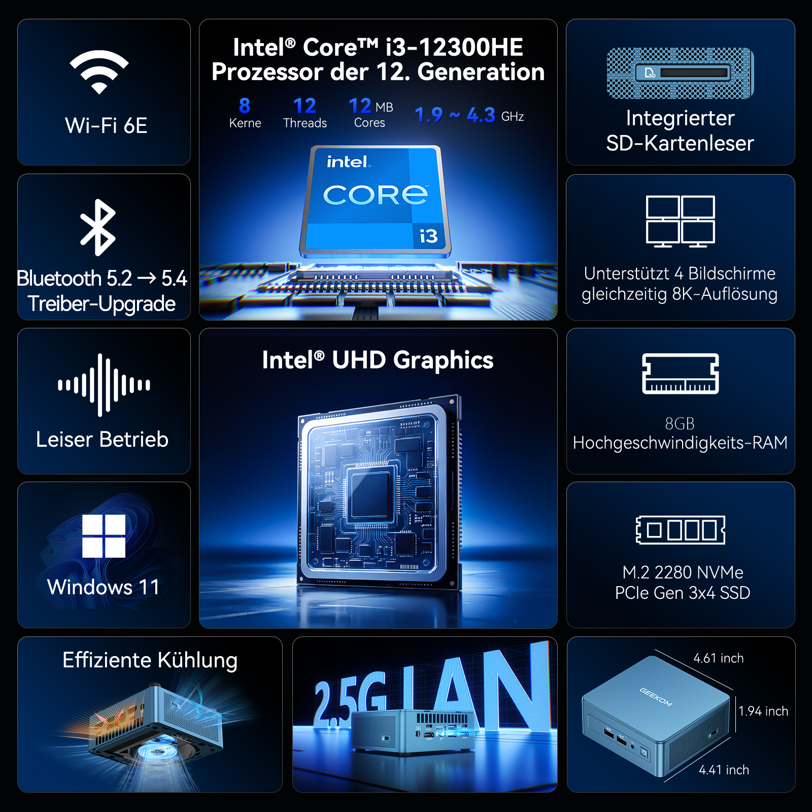Infografía que muestra el procesador Intel Core i3, gráficos UHD y varias especificaciones de hardware en fondo azul.