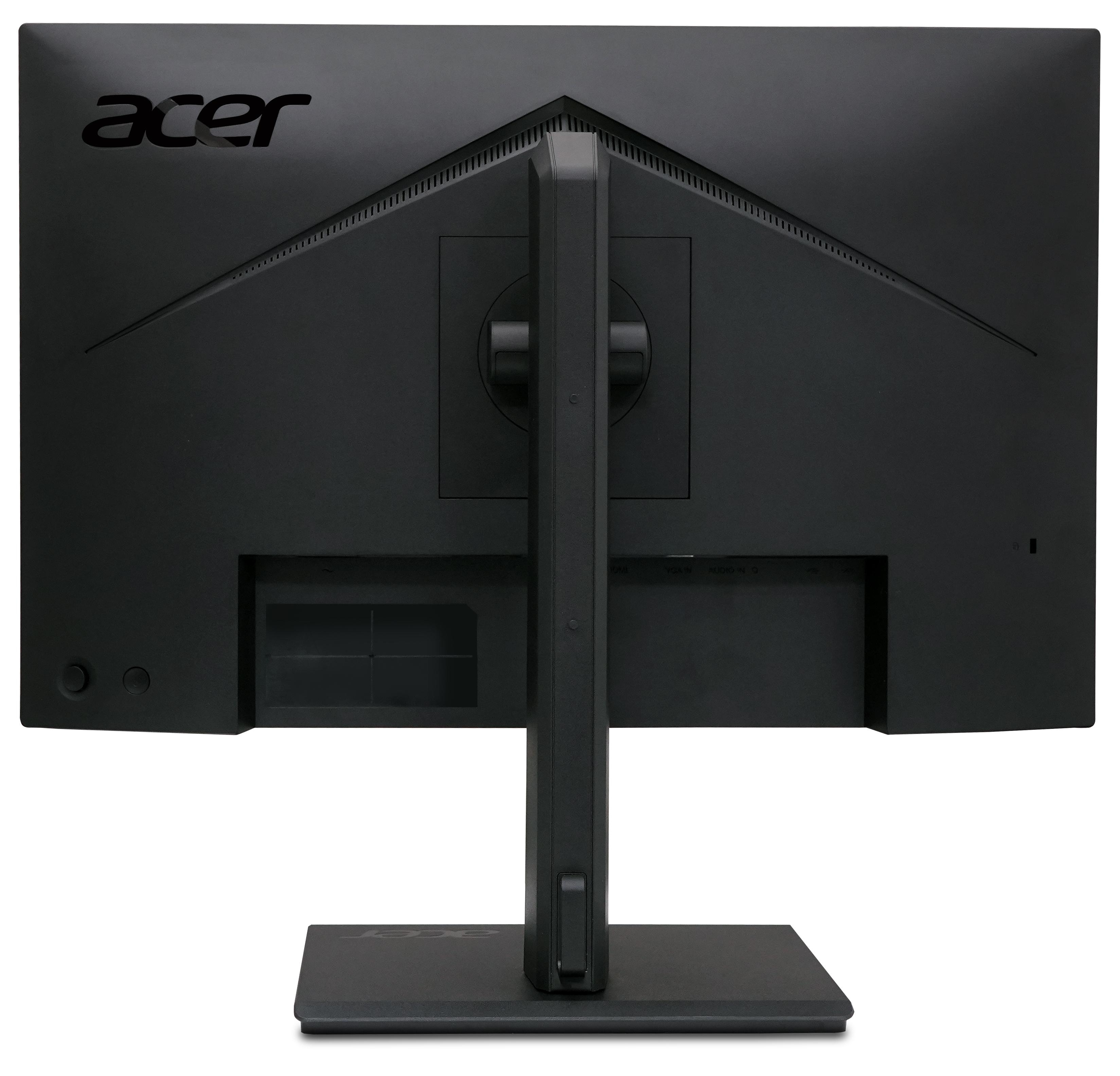 Vista posteriore di un monitor nero Acer con supporto, porte e logo.