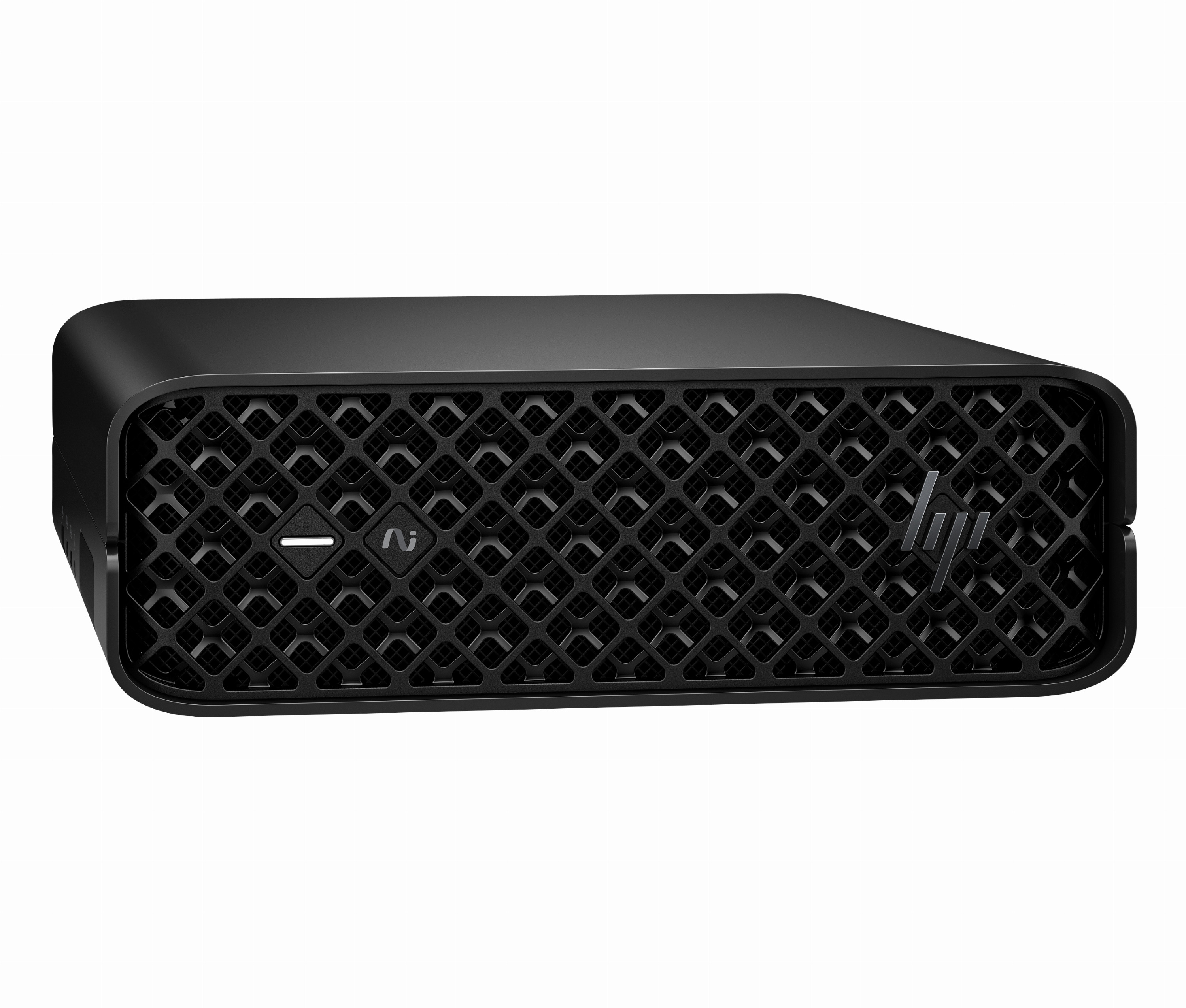 Mini PC HP negro con rejilla frontal, botón de encendido y logotipo de HP sobre fondo blanco.