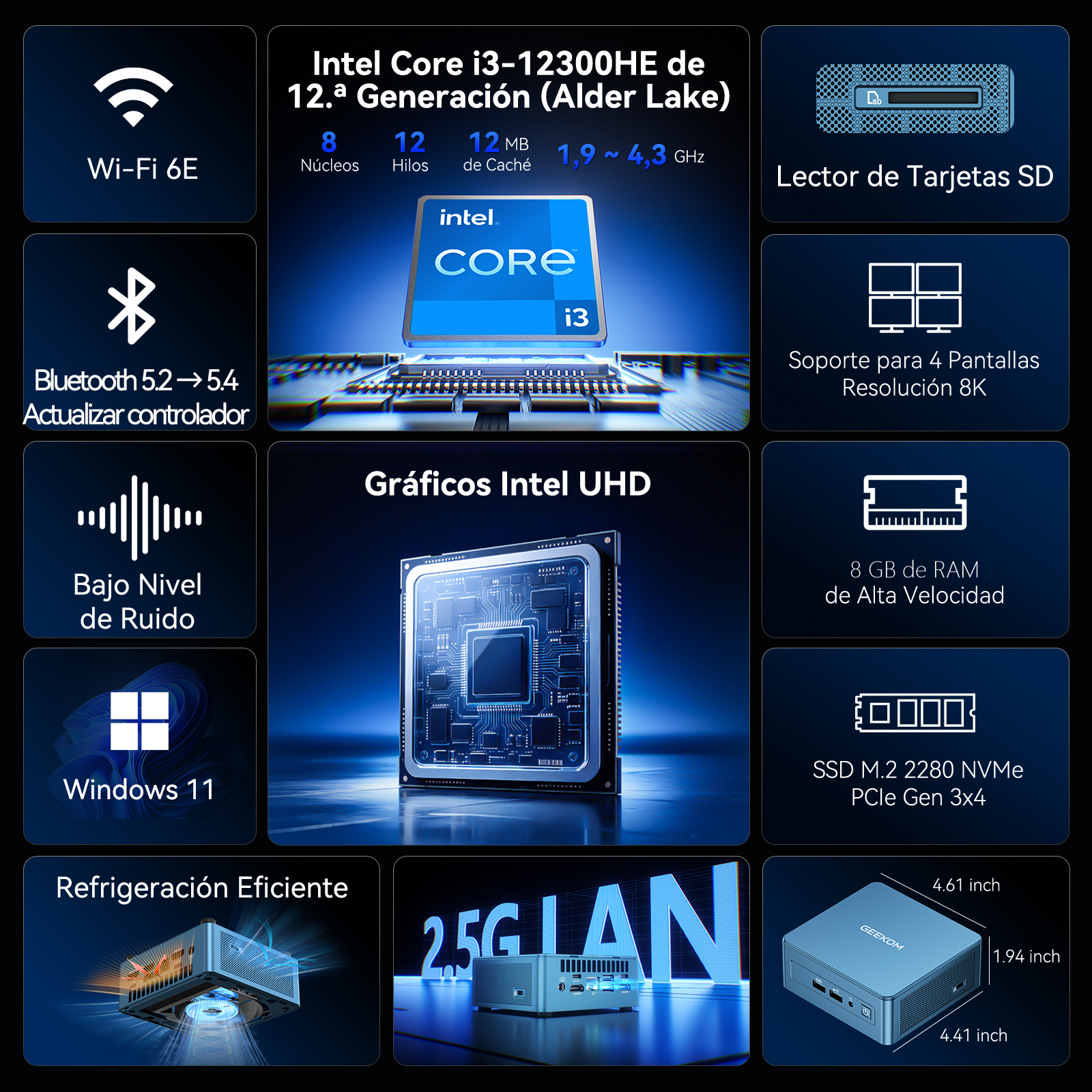 Infografía con especificaciones, características y dimensiones del mini PC Intel Core i3.