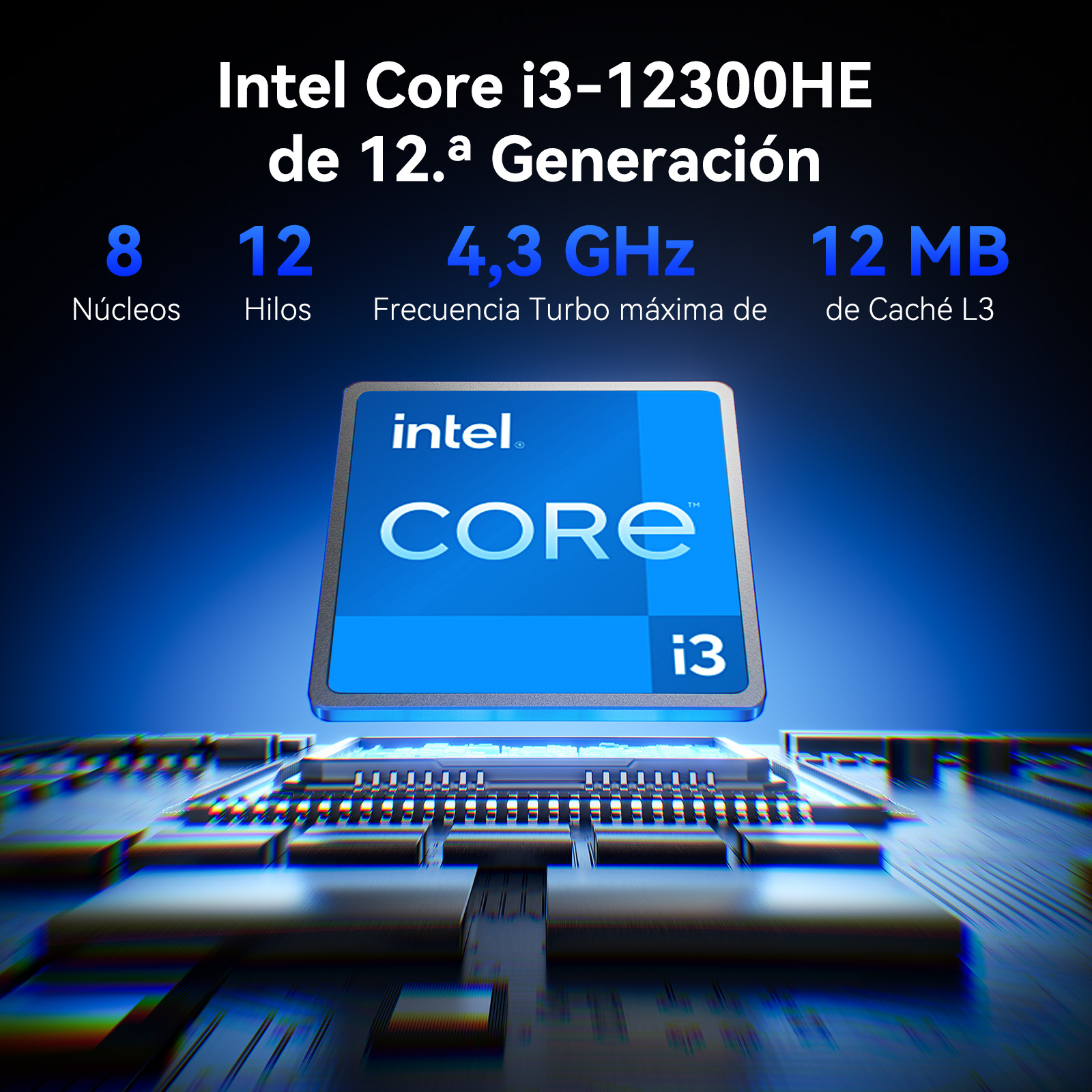 Un procesador Intel Core i3-12300HE en una placa madre con especificaciones de 8 núcleos y 12 MB de caché L3.