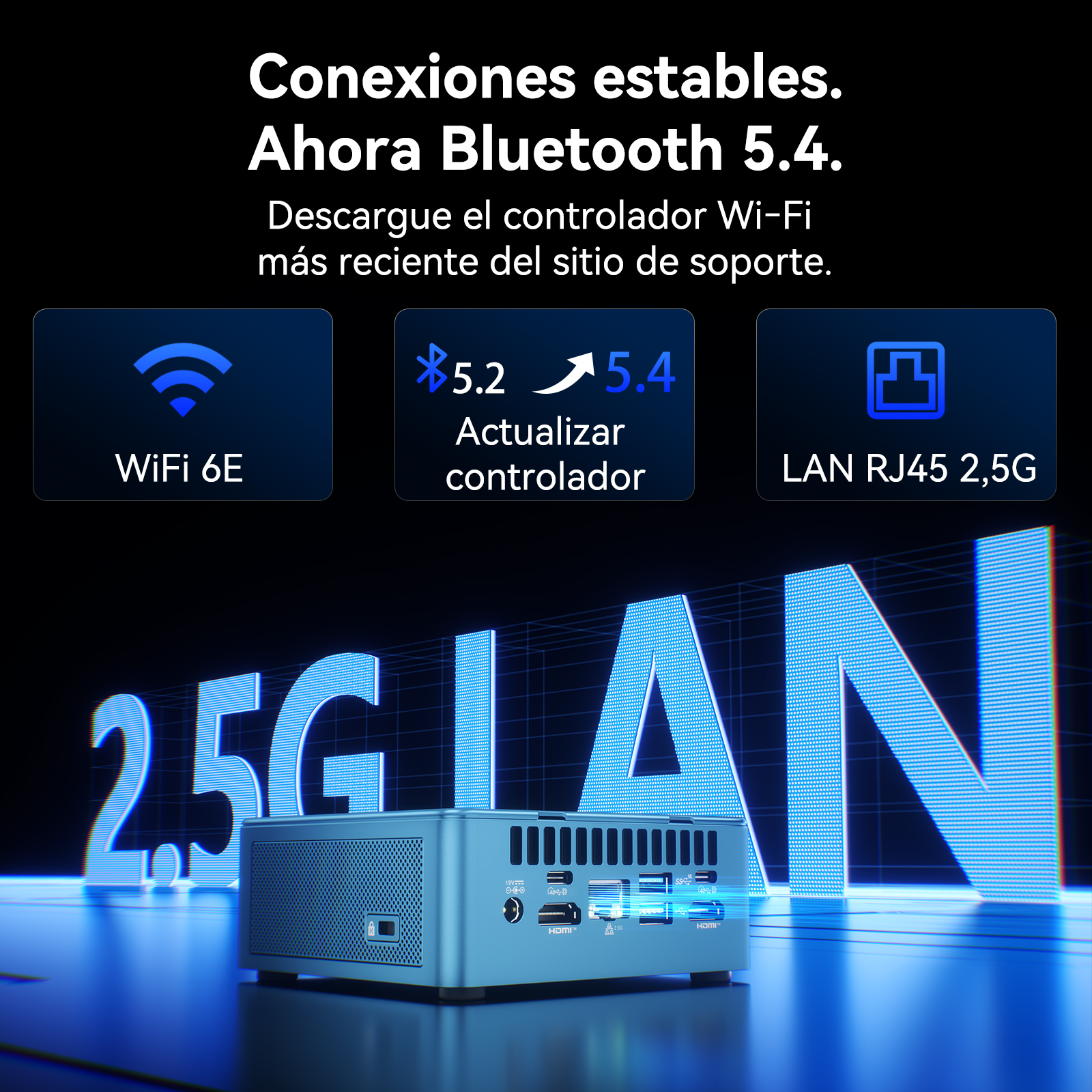 Mini PC sobre fondo azul con texto sobre WiFi 6E, Bluetooth 5.4 y LAN 2.5G.