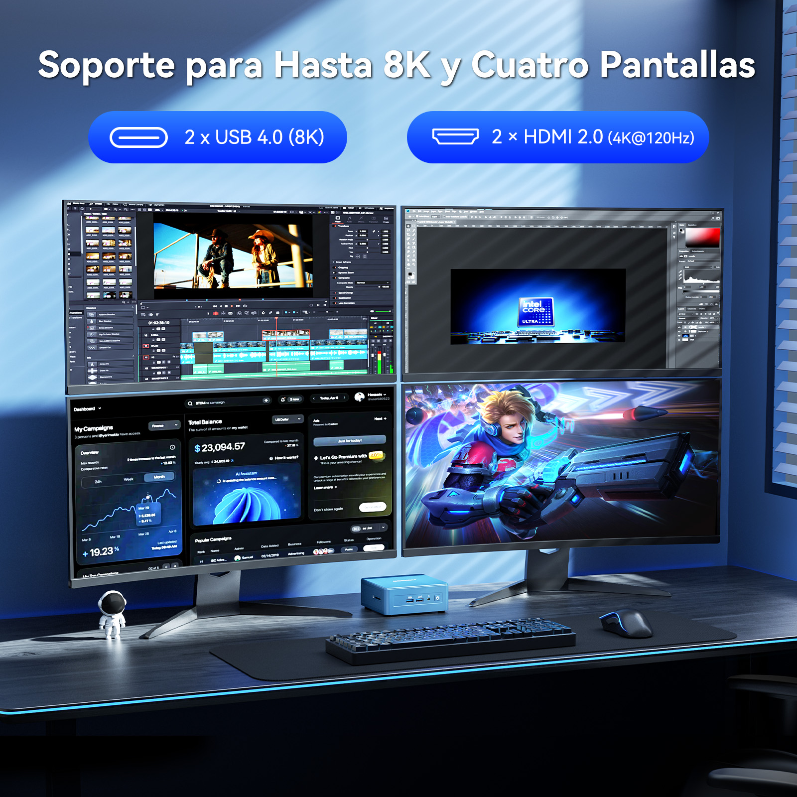 Un escritorio con cuatro monitores, mini PC, teclado, ratón y texto en español.