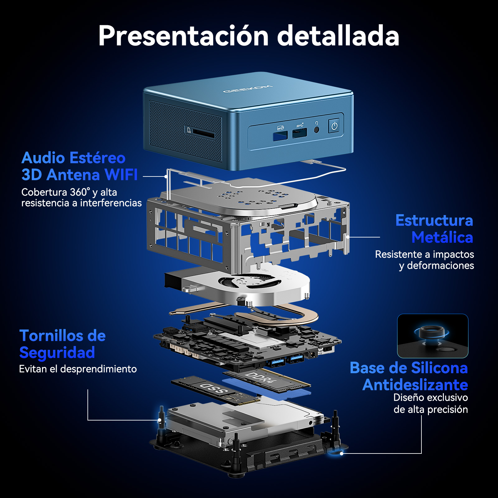 Vista explosionada de un mini PC mostrando carcasa, estructura metálica, ventilador y placa.