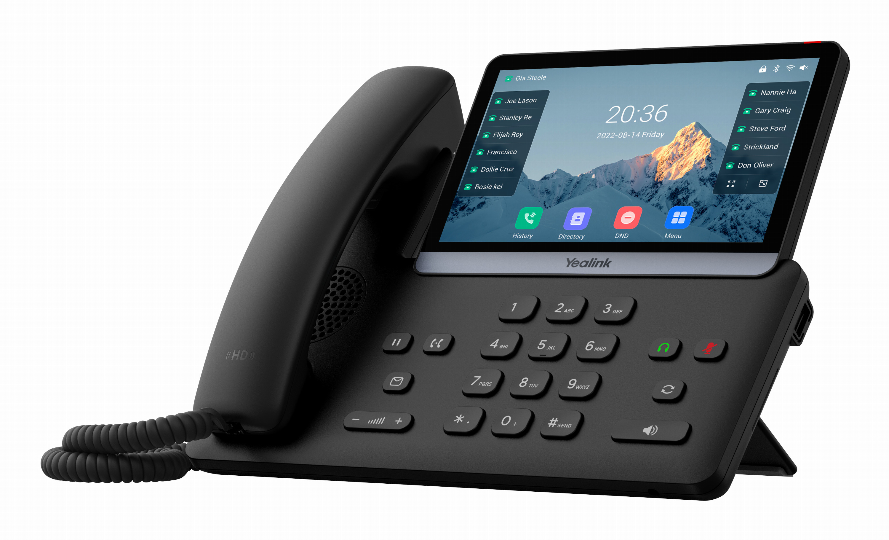 Un telefono IP da tavolo Yealink nero con ampio touchscreen che mostra una montagna innevata su sfondo bianco.