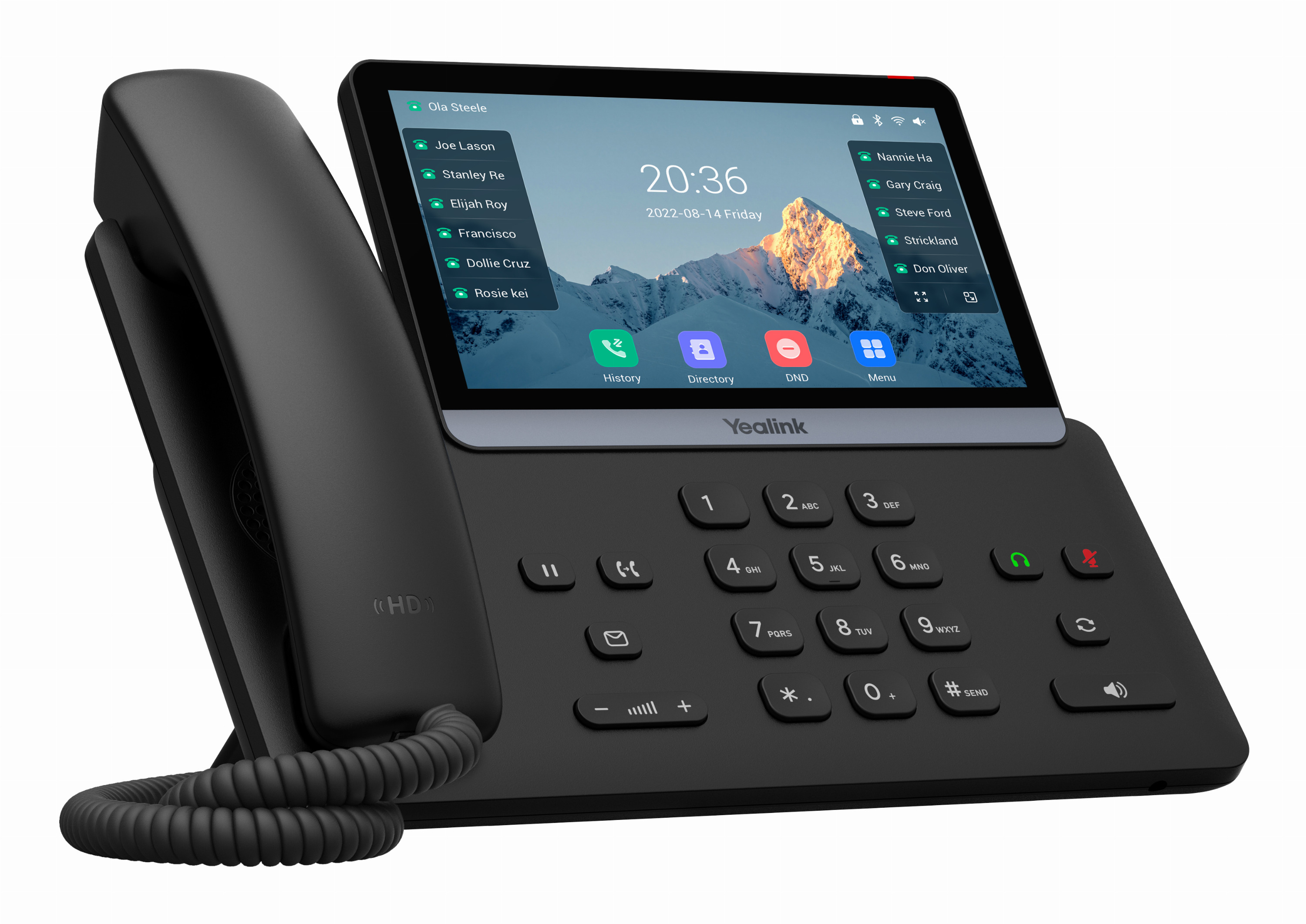 Telefono IP Yealink nero con schermo touch, ricevitore a sinistra e tastierino numerico.